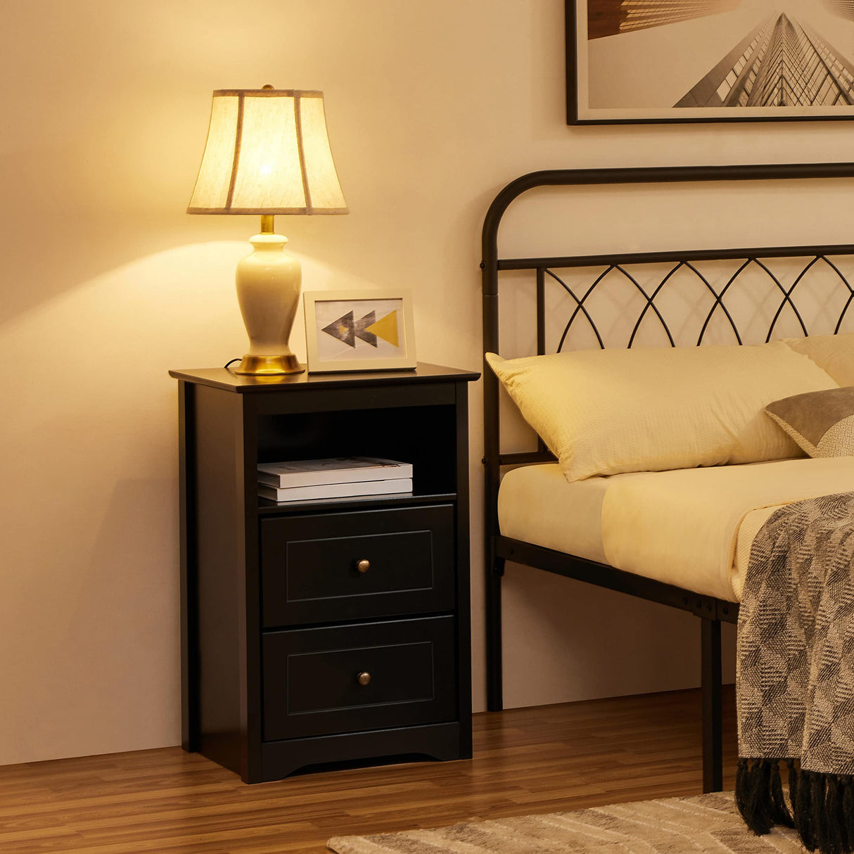 Yaheetech Tall Nightstand with 2 Drawer and 1 Cubby, 29" High Bedside Table Wooden Storage Cabinet Bed Side Table with Drawer for Bedroom Home Office, Black Yaheetech