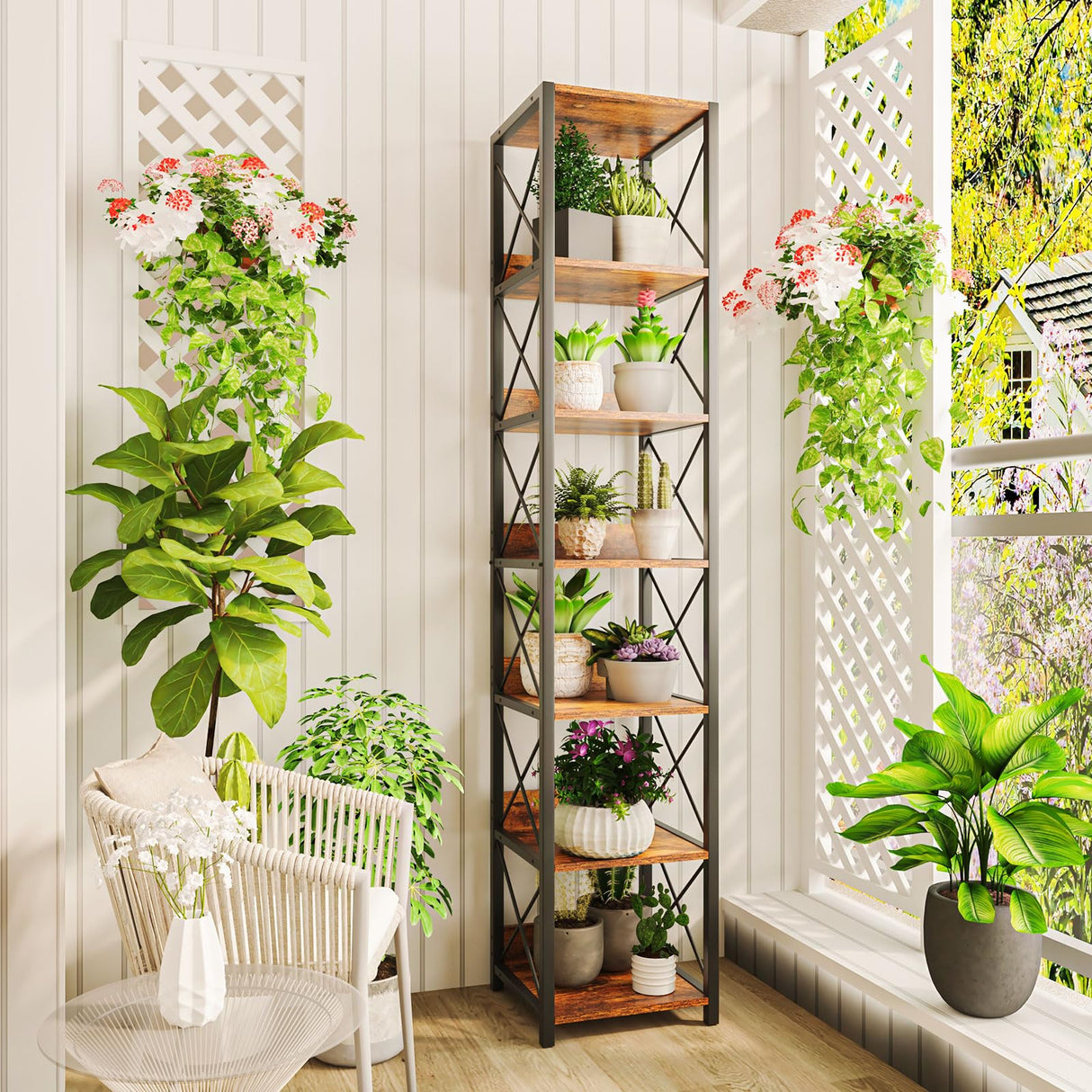 IBUYKE 6-Tier Tall Narrow Corner Bookcase for Small Space Storage in Rustic Brown IBUYKE