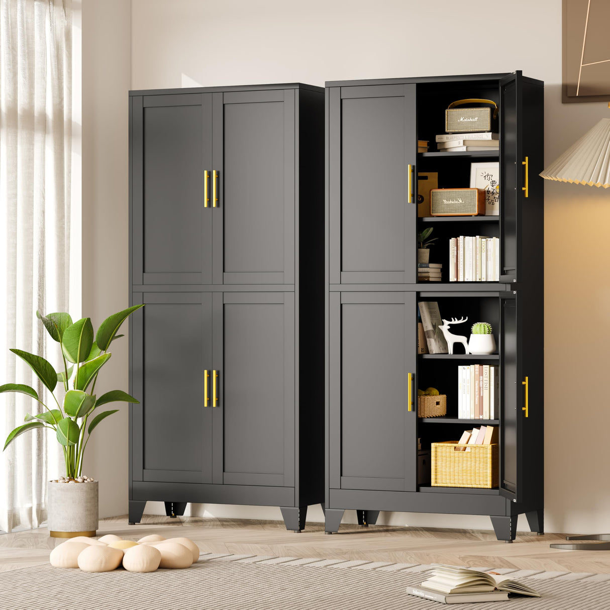 pozdeg 75" H Tall Metal Storage Cabinet with 4 Doors, Metal Kitchen Pantry Cabinet with 4 Adjustable Shelves, Freestanding Cupboard for Kitchen Dining Room Living Room Bathroom (Black) pozdeg