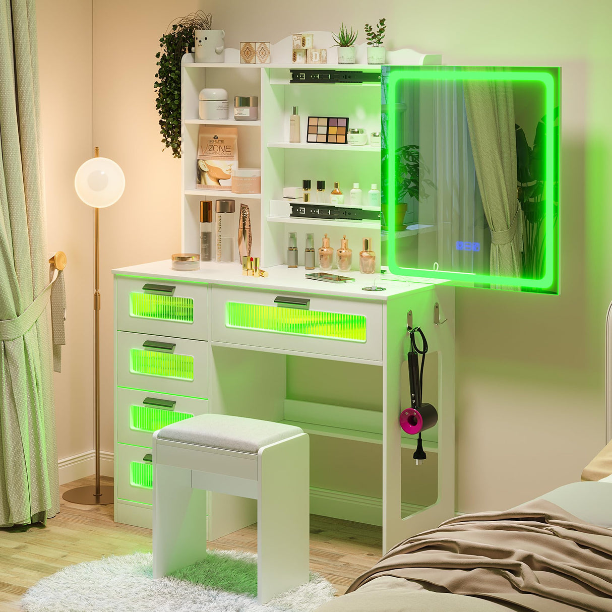 HNEBC Vanity Desk with Sliding Mirror and LED Lights, RGB Vanitys with Charging Station, Makeup Vanity with Remote Control, White Dresser with Stool/Lager Drawers for Bedroom (White) HNEBC