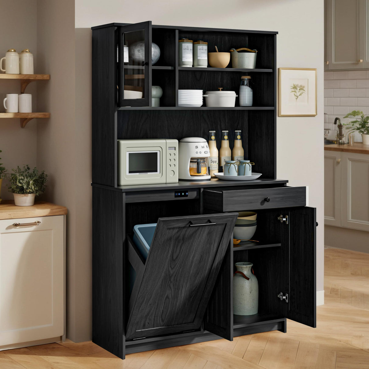 XM-ICE Freestanding Tilt-Out Trash Can Cabinet with Deodorising Function, 70" Kitchen Pantry, Storage with Microwave Shelf & Adjustable Shelves for 10 Gallons Bin, Kitchen Hutch, Black XM-ICE
