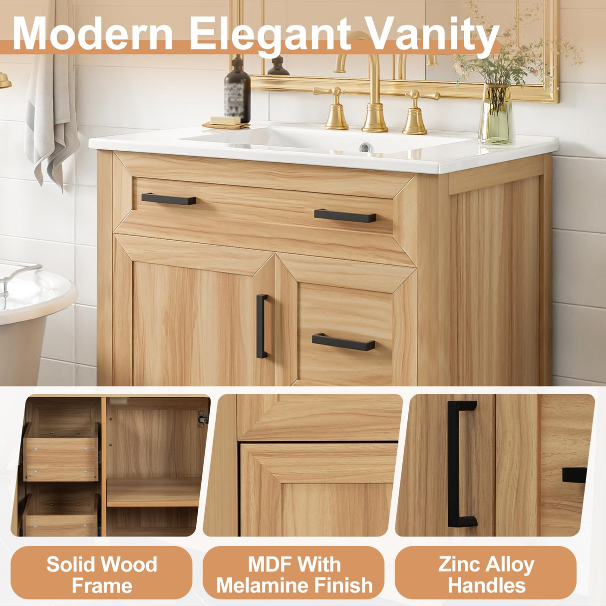 Mirightone 30" Wood Vanity with Sink, Bathroom Vanities 30 Inch with Sink, Single Sink Bathroom Vanity, 30 in Restroom Sink Vanity with 1 Soft Close Doors, 2 Soft Close Drawers, Adjustable Shelf Mirightone