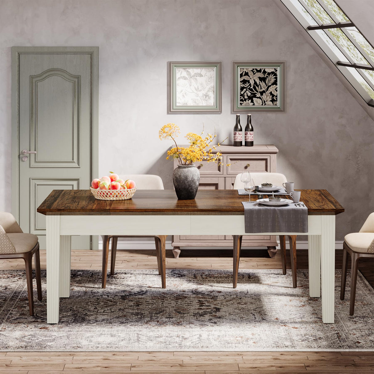 Tribesigns Dining Table for 4-6 People, 62-Inch Rectangular Kitchen Table with Solid Wood Legs, Modern Farmhouse Dinner Table for Dining Room, Kitchen, Living Room, Rustic Brown & Cream White Tribesigns