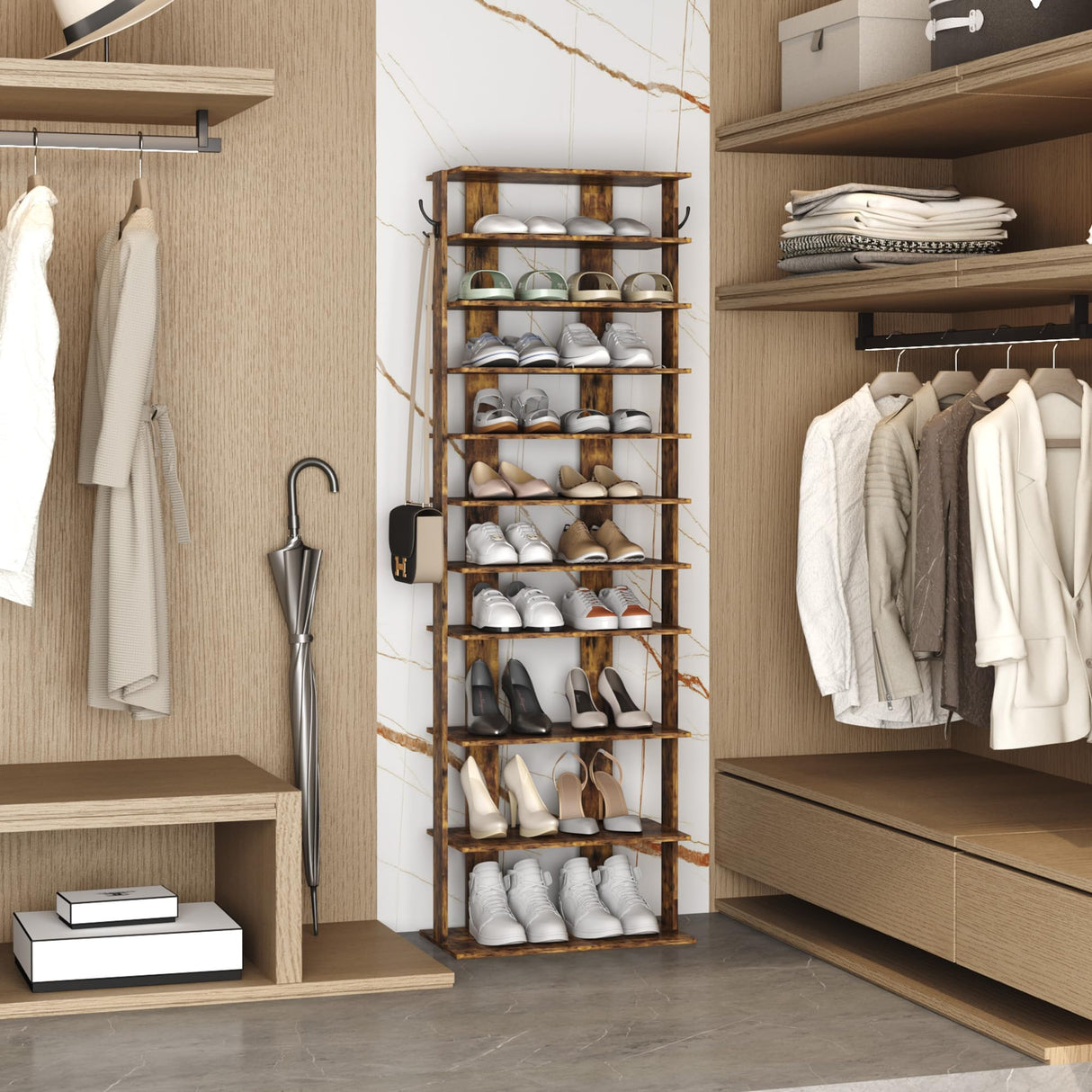 HOMEFORT 10-Tier Vertical Shoe Rack, Corner Shoe Tower, Double Rows 10 Tiers Shoe Shelf, Slim Shoe Storage Unit for 20 Pairs of Shoes, Shoe Stand for Entryway, Hallway, Closet (Rustic Brown) HOMEFORT