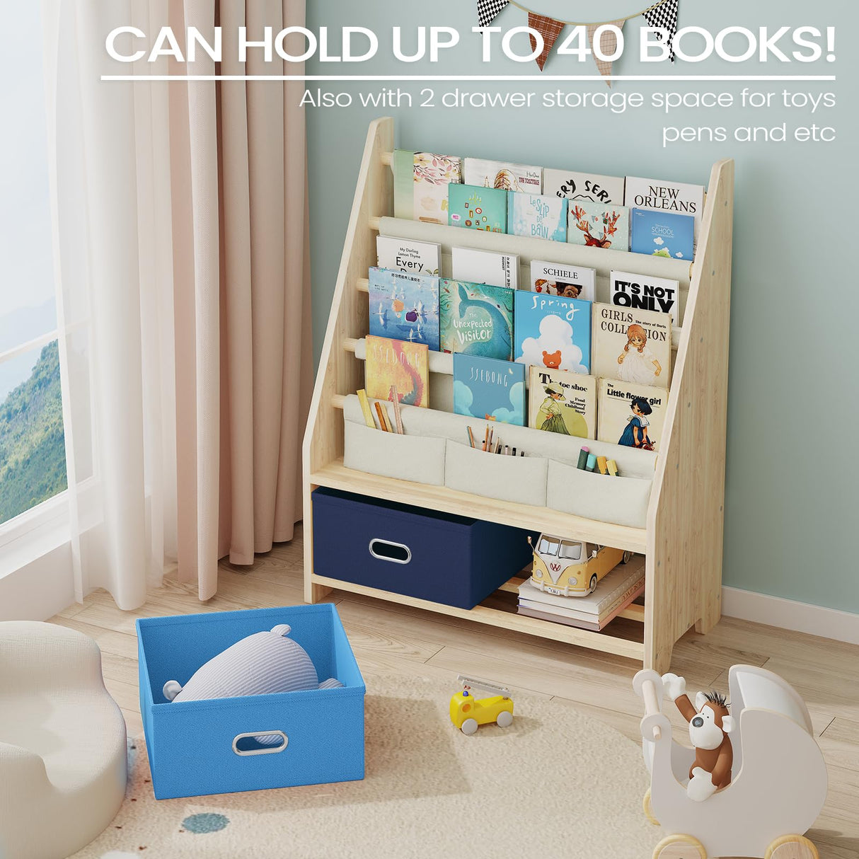 EXPERLAM 4 Tier Kids Book Shelf, Wooden Kids Book Rack Storage Bookshelf with Toy Storage Organizer, Toddler Sling Bookshelf for Boys, Girls, Kids Room, Blue EXPERLAM