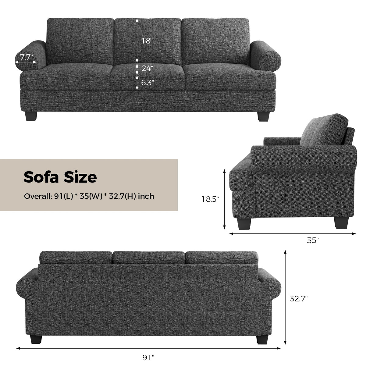 COPIAE 91 Inch Lawson Sofa with Extra Deep Seats Oversize, Mid-Century 3-Seat Sofa Couch, for Living Room, Apartment, Lounge, Dark Gray COPIAE