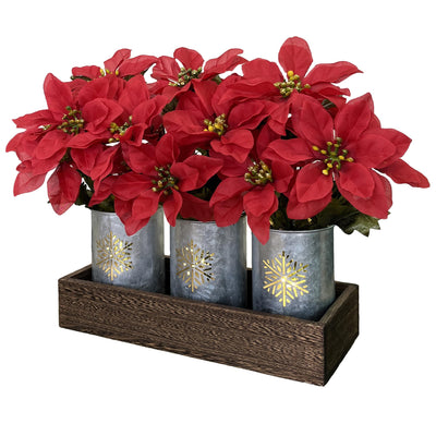 HEMYLU Poinsettias Artificial Christmas Flowers with LED Lights, Red Xmas Table Centerpiece in Pots and Wood Box for Decoration