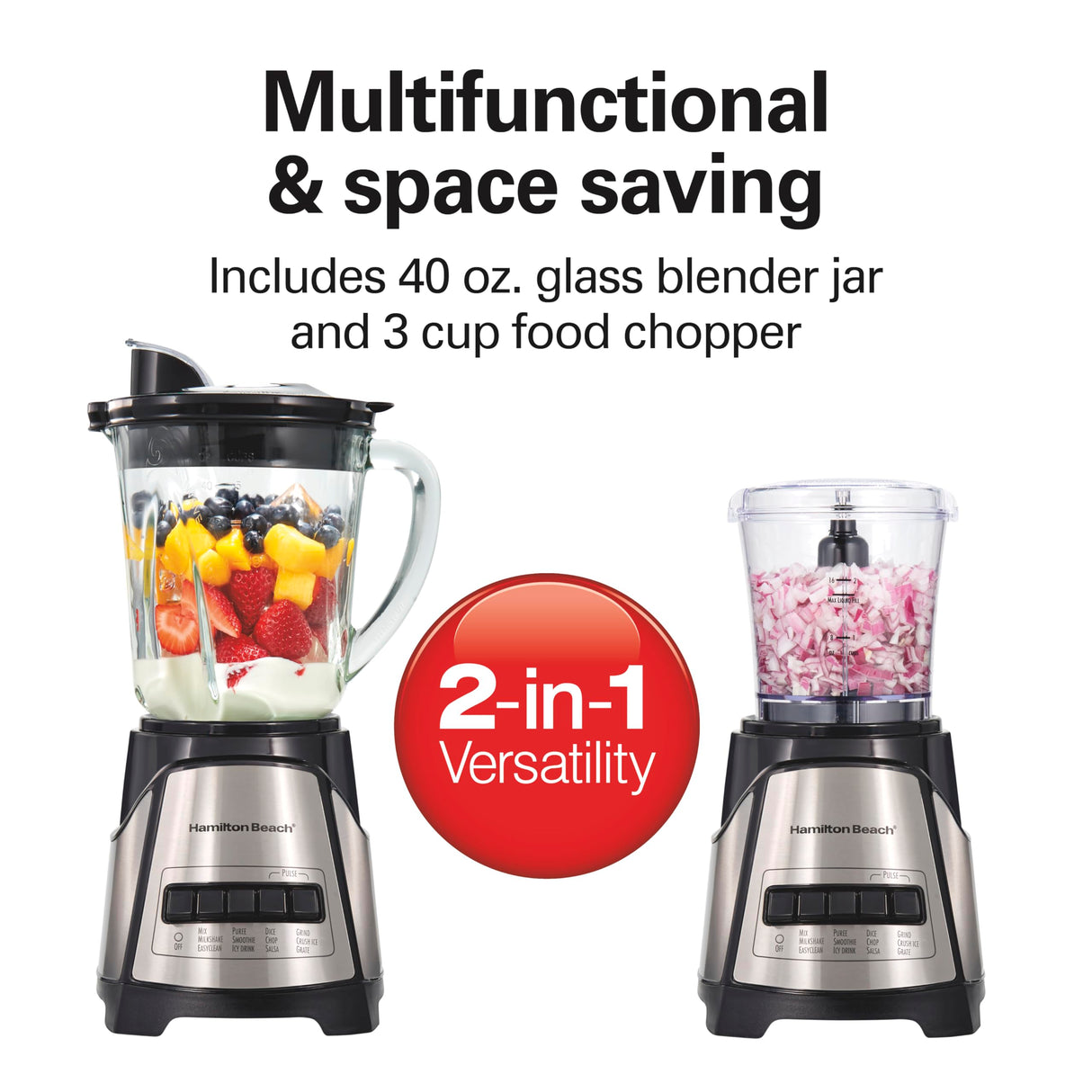 Hamilton Beach Power Elite Blender for Shakes and Smoothies with 3-Cup Vegetable Chopper Mini Food Processor, 40oz Glass Jar, 12 Functions for Puree, Ice Crush, Black and Stainless Steel (58149) Hamilton Beach
