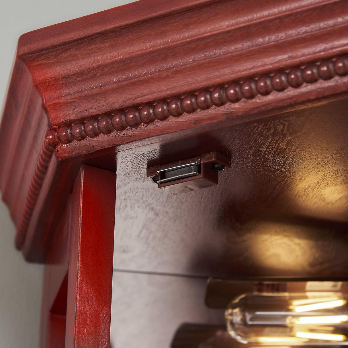 QSOSTNS Lighted Corner Display Curio Cabinet, Curved Wood Corner Cabinet with Tempered Glass Doors and Shelves for Living Room (Cherry) QSOSTNS