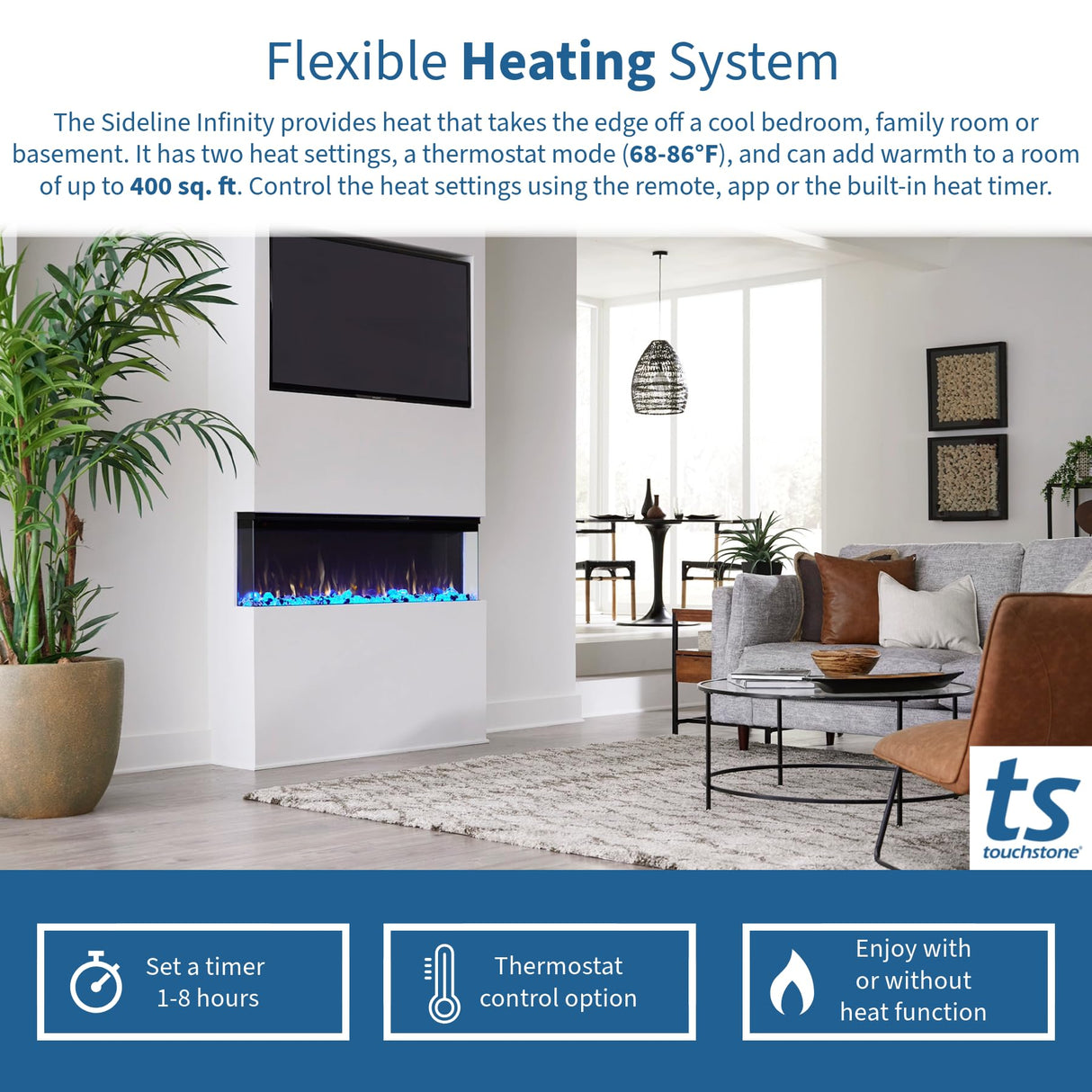 Touchstone Sideline Infinity 3-Sided Smart 72-inch WiFi-Enabled Electric Fireplace - 80051 - Built-in - 60 Color Combinations - 1500/750 Watt Heater (68-88°F Thermostat) - Black - Log & Crystals Touchstone