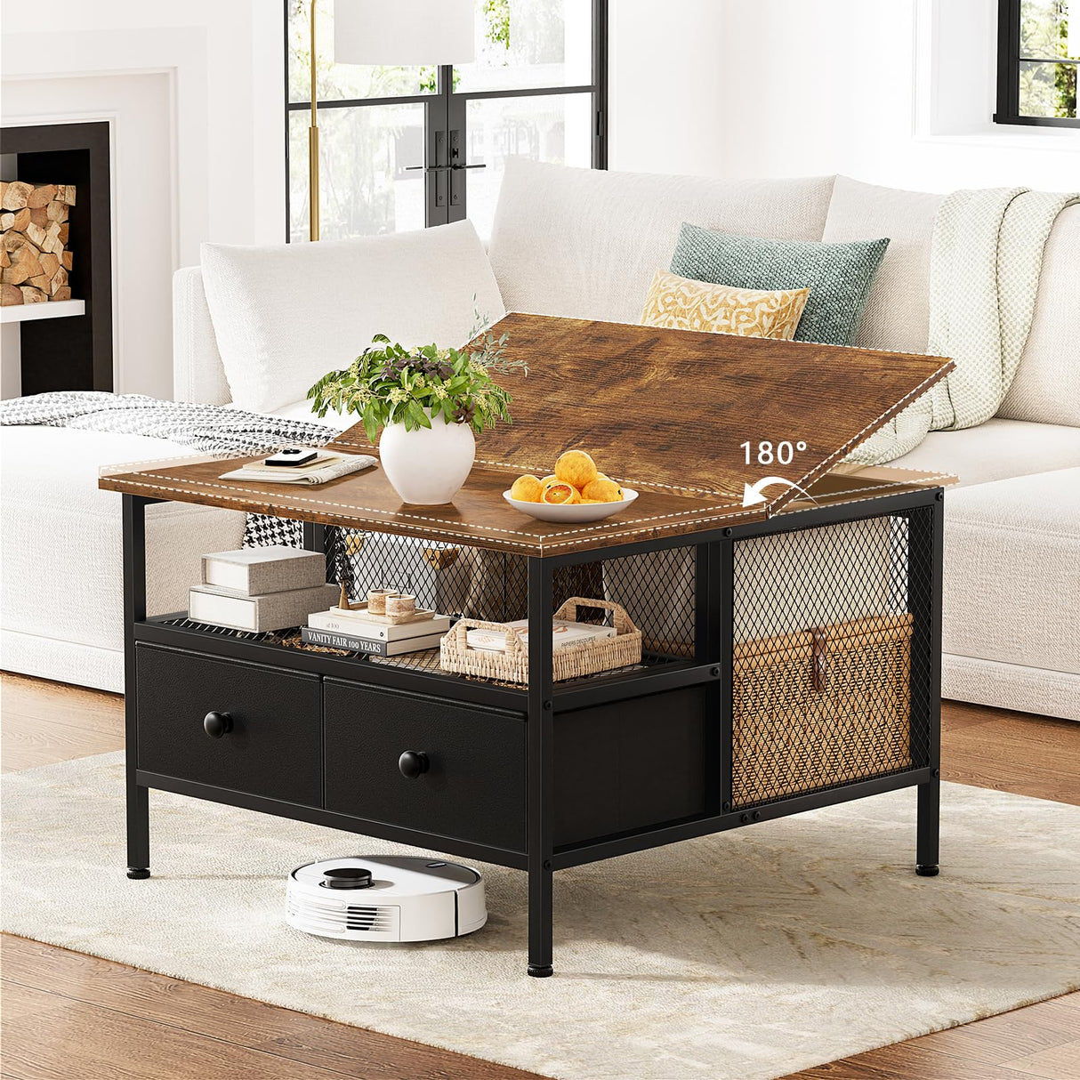 FABATO Flip Top Coffee Table, Square Coffee Tables Metal Wood, Farmhouse Lift Up Coffee Table Cocktail Table with Wire Mesh Barn Door and Storage, Steel Frame, Small Tea Table for Living Room, Black FABATO