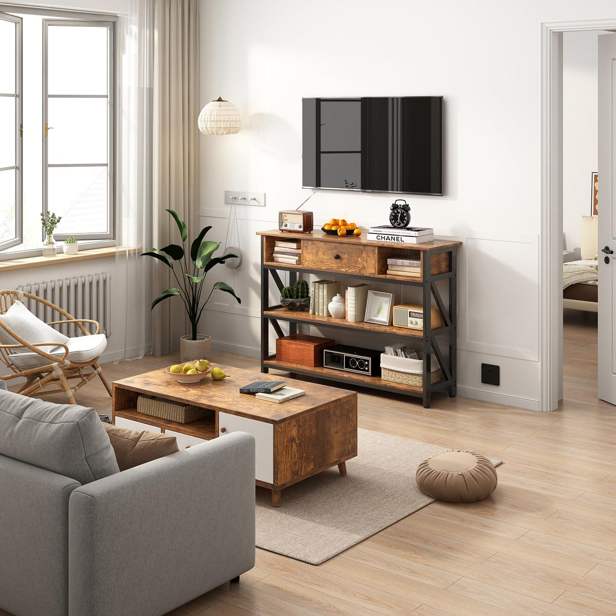 Mexin 39 Inch Console Sofa Table with Drawer, Entryway Table with Storage Shelves, Industrial Wood Hallway Table for Living Room Couch Foyer Kitchen Counter, Rustic Brown Mexin