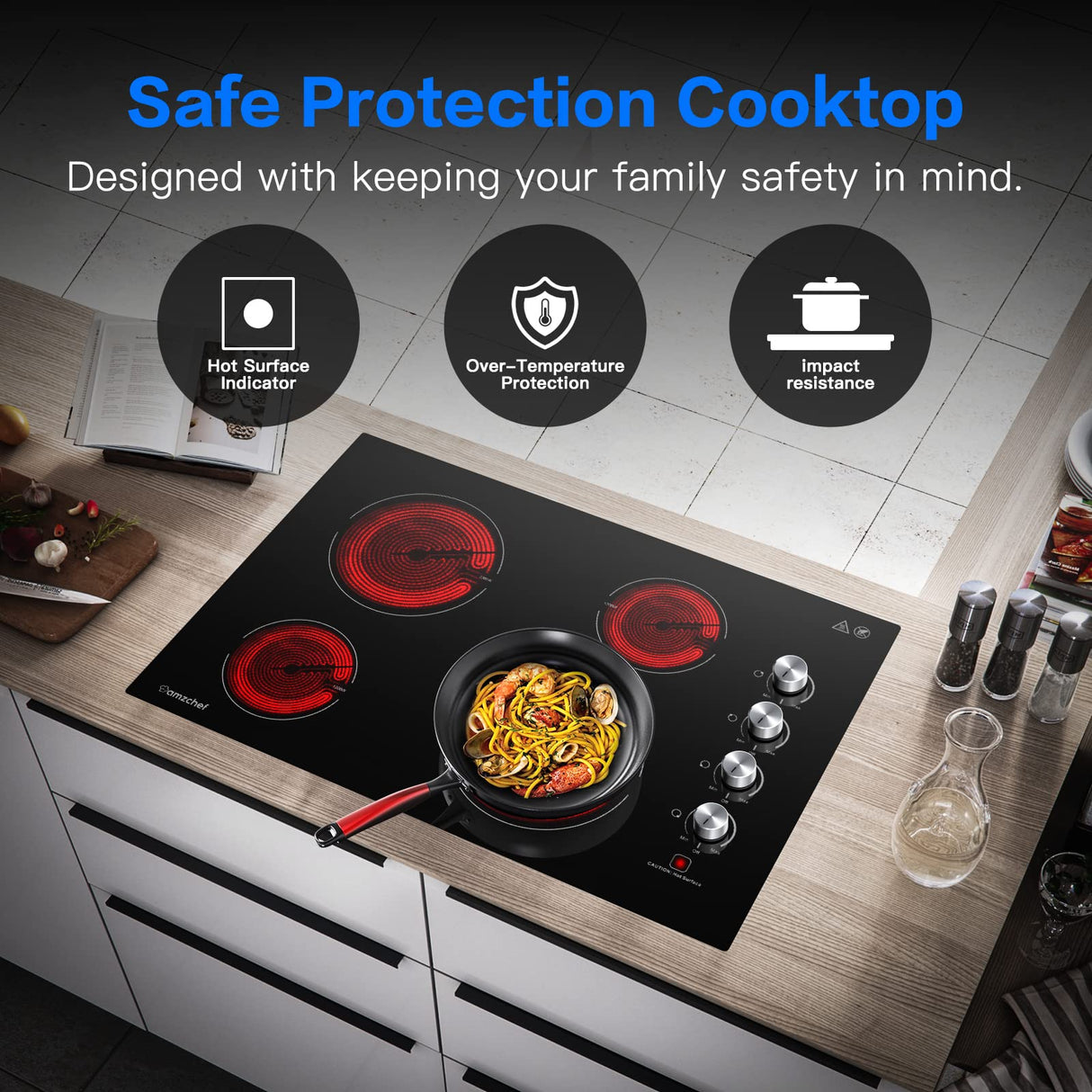 AMZCHEF 30 Inch Built-in Electric Cooktop,7000W and 4 Burners Cooktop with ETL Safety Certified,Knob Control Levels & Hot Surface Indicator amzchef