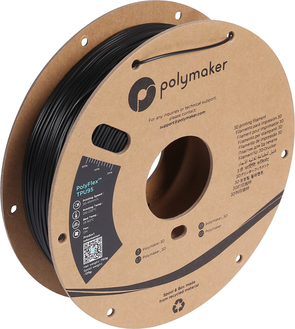 Polymaker TPU Filament 1.75mm Black, 0.75kg Shore 95A Flexible 3D Printer Filament 1.75mm - PolyFlex TPU95 3D Printing TPU Filament 0.75kg Black Soft Flexible Filament POLYMAKER