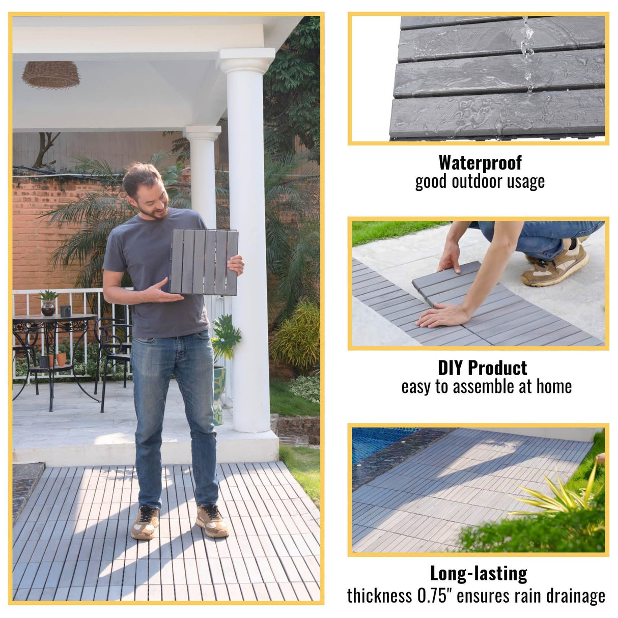 Interlocking Deck Tiles - 12x12 Inch Waterproof Outdoor Flooring for All Weather Use - Wood Tiles for Patio, Porch, Poolside, Backyard, Balcony, (Light Gray * 10 PCS) RIDFY