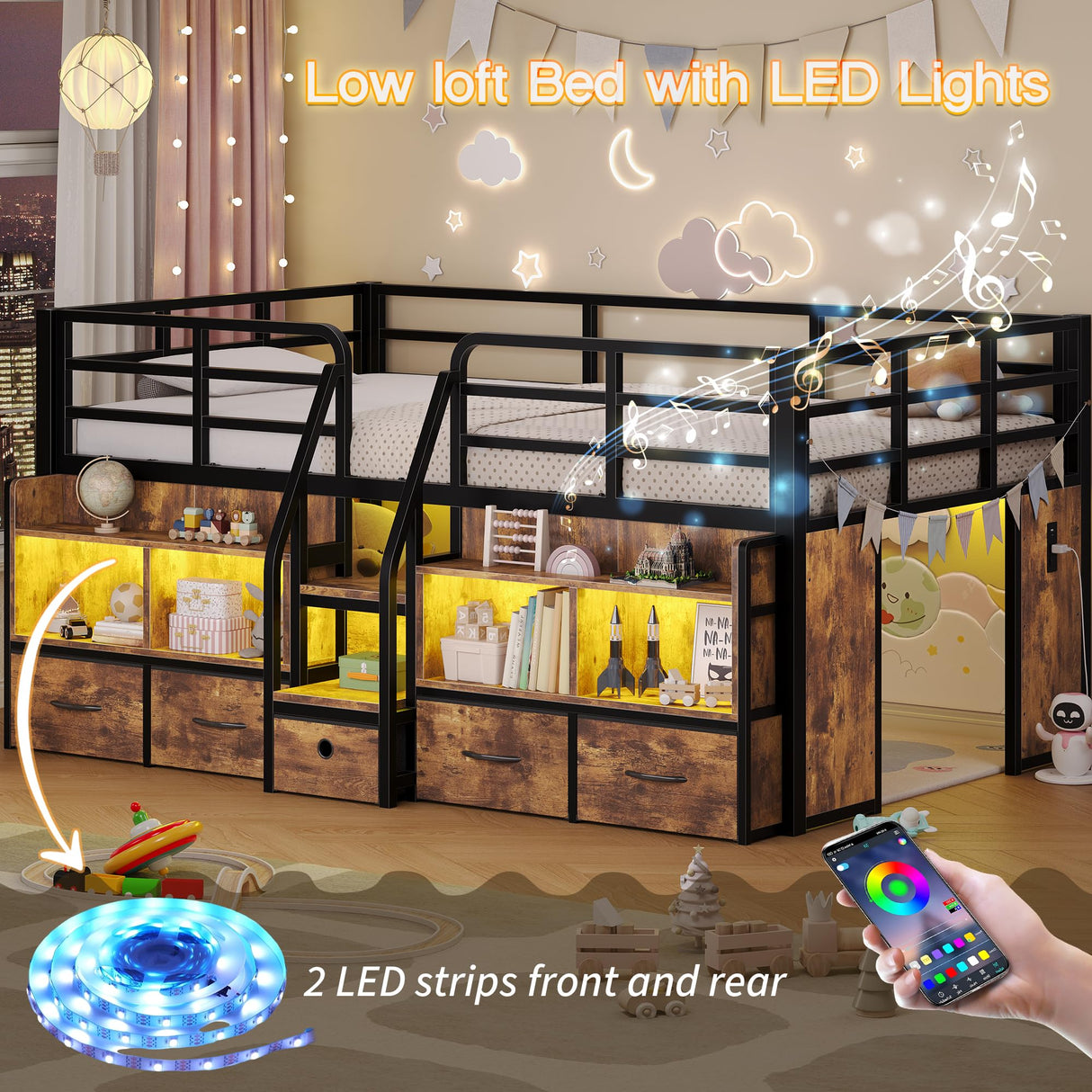 busyaeh Twin Loft Bed for Kids with 5 Drawers & 6 Bookcase and LED Light,Low Loft Bed with 15.8" H Safety Guardrail and Charging Station,Metal Kids Loft Beds with Under-Bed Play Space,Vintage Brown busyaeh