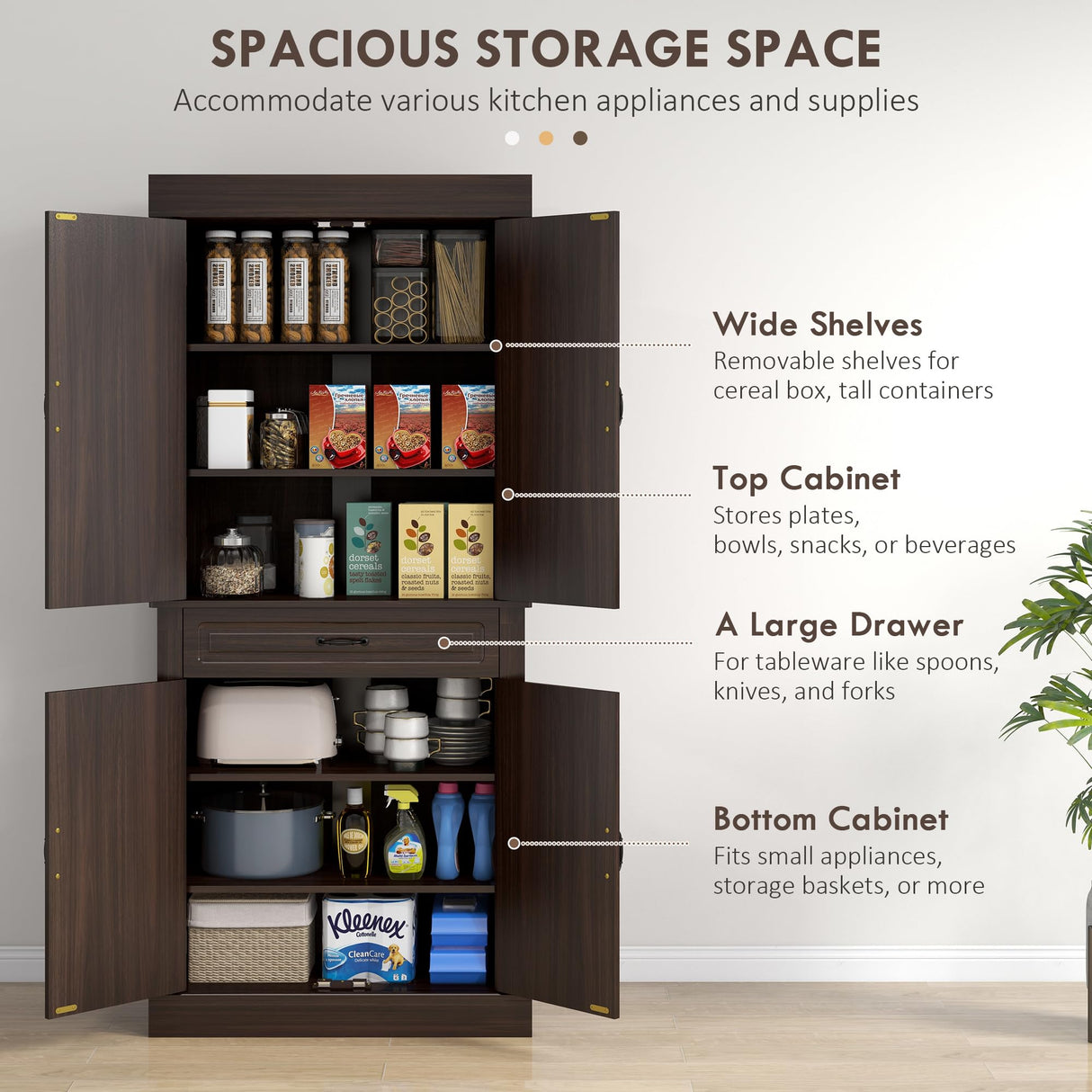 HOMCOM 71" Freestanding Kitchen Pantry Cabinet, Tall Storage Cabinet with 4 Doors and Drawer for Dining Room, Coffee HOMCOM