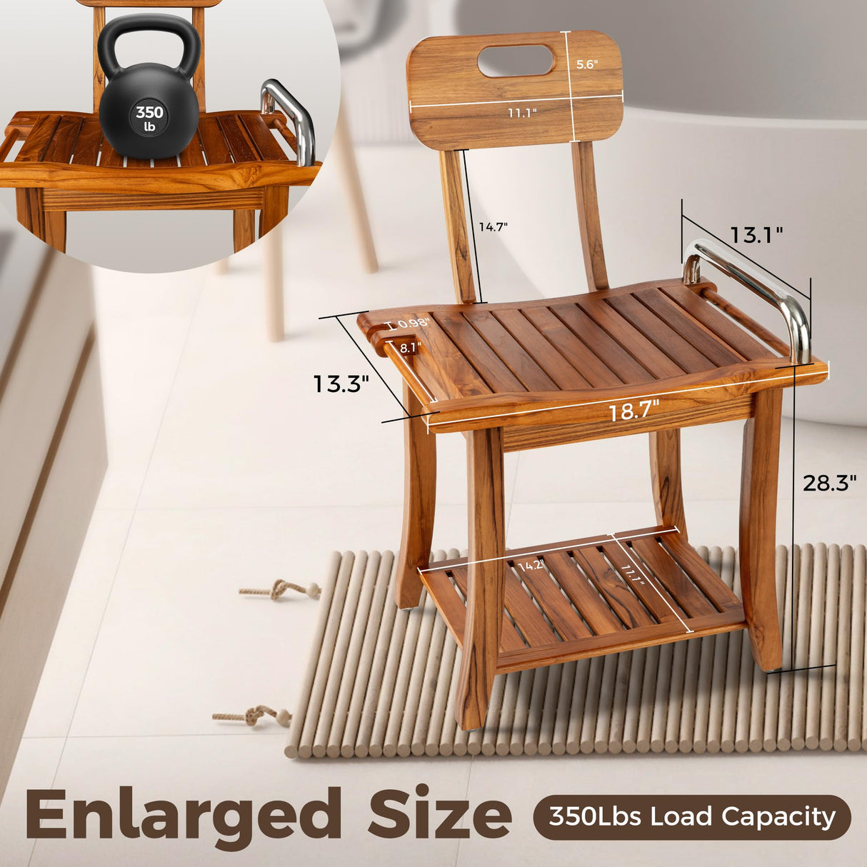 Fun Memories Teak Shower Bench Seat with Handles and Backrest, 19" Solid Wood Shower Stool Waterproof Shower Seat with Storage for Inside Shower Legs Shaving, Seniors Elderly Heavy Duty Fun Memories