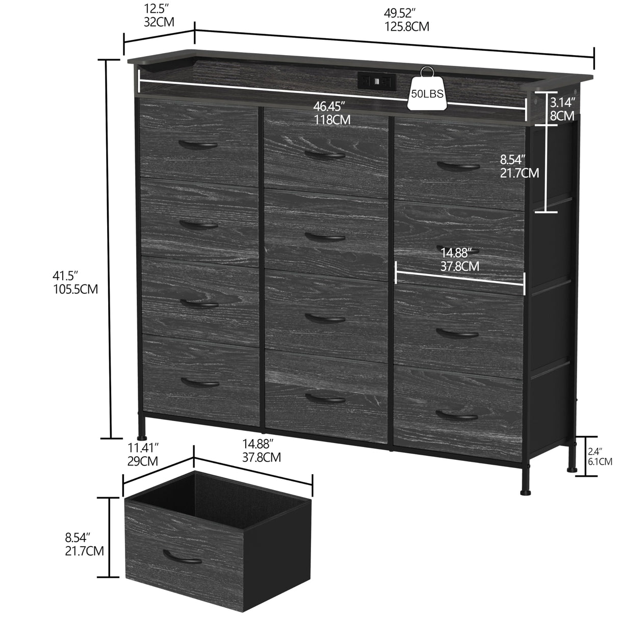Welfuturer Black Dresser with LED Light 12 Drawers Dresser with Charging Station Dresser for Bedroom with 12 Fabric Drawers for Bedroom Hallway Entryway Closets Sturdy Steel Frame Wood Top Black Welfuturer