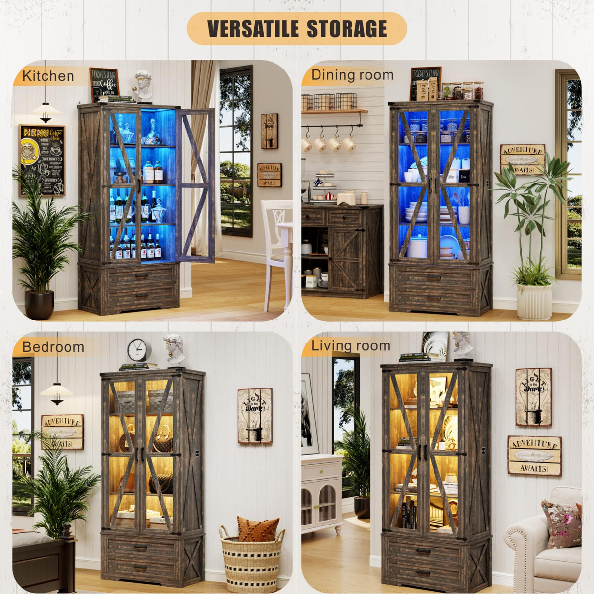 FREDEES Rustic Brown Farmhouse Storage Cabinet with Adjustable Shelves and LED Display FREDEES