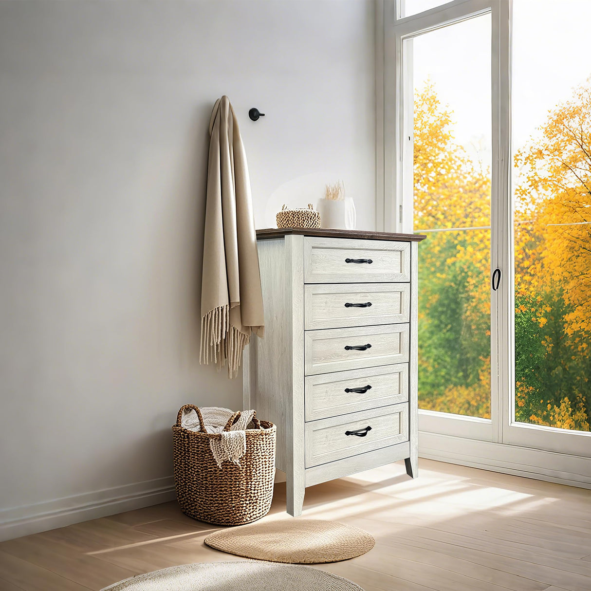 CuisinSmart 5 Drawers Dresser for Bedroom, Wood Tall Chset of Drawers, Farmhouse Dresser Chests with Metal Handle for Bedroom,Living Room,Hallway and Entryway, Vintage Yellow CuisinSmart