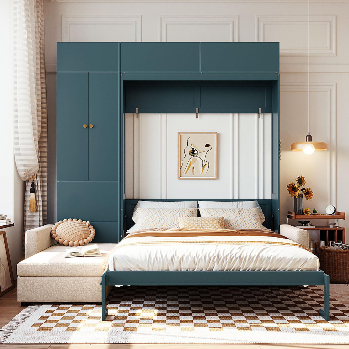 THINK 30 Queen Size Murphy Bed with Sofa and Shelves, Wood Foldable Queen Wall Bed Frame with Sofa and Shelves for Bedroom Guest Room Study (Green) THINK 30