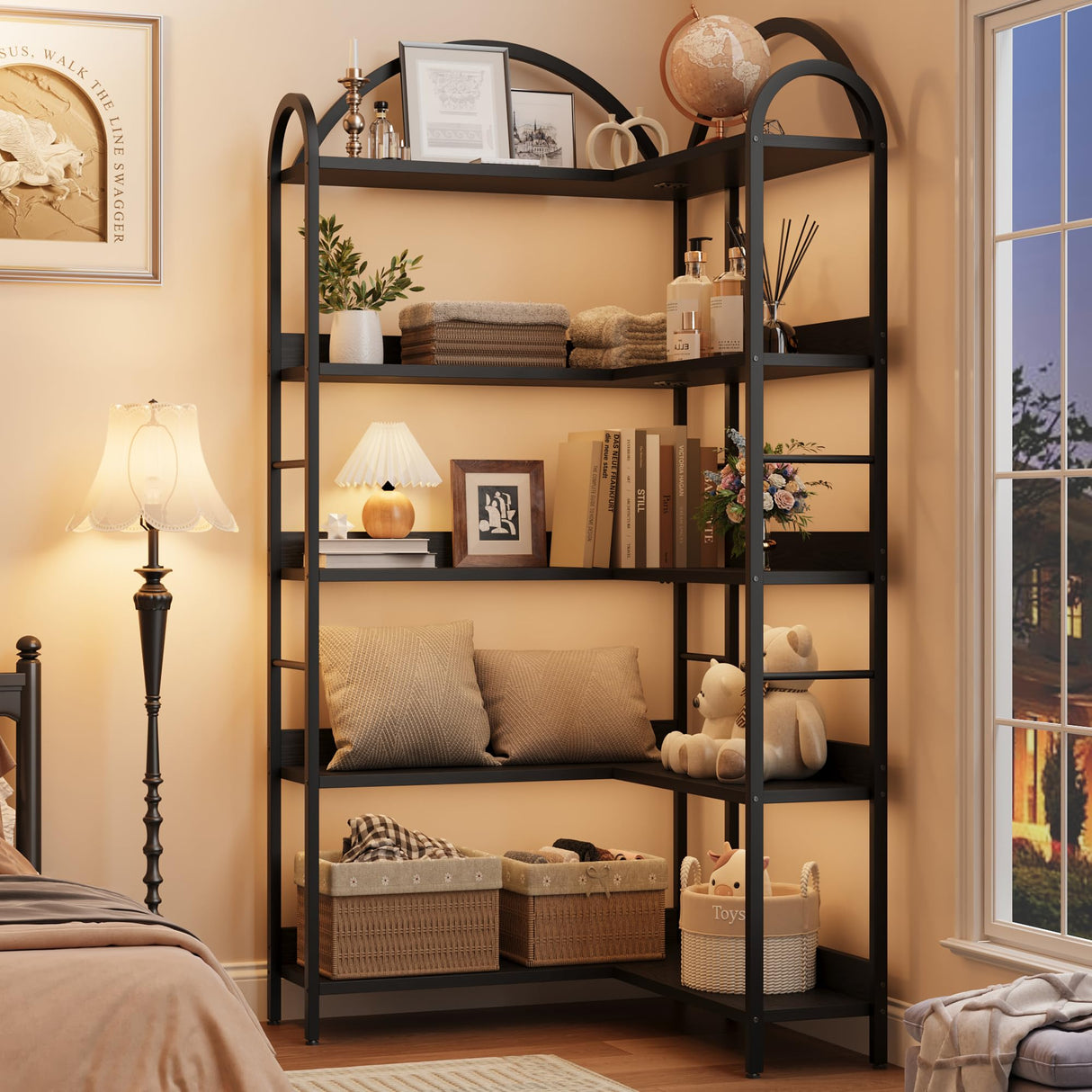 Loumernhant Arched Corner Bookshelf 68.5" Tall, Industrial Wood & Metal Bookcase for Home Office, 5-Tier Storage Shelf for Books/Toys/Decor Loumernhant