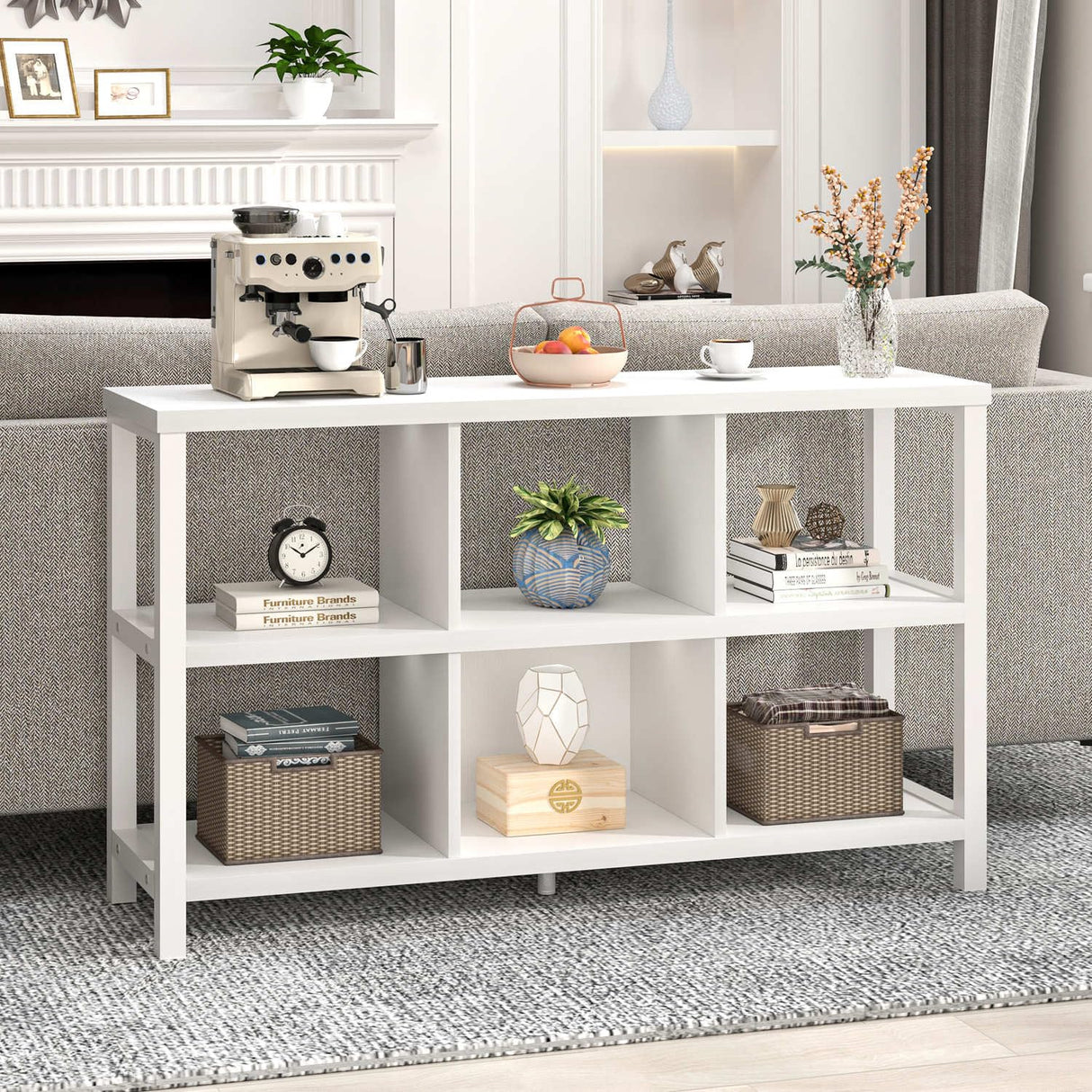 FOLUBAN Horizontal Bookshelf, 6 Cube Storage Organizer with Shelf, Modern Wood and Metal Cubby Bookcase for Bedroom Living Room, White Oak, 47 Inch FOLUBAN