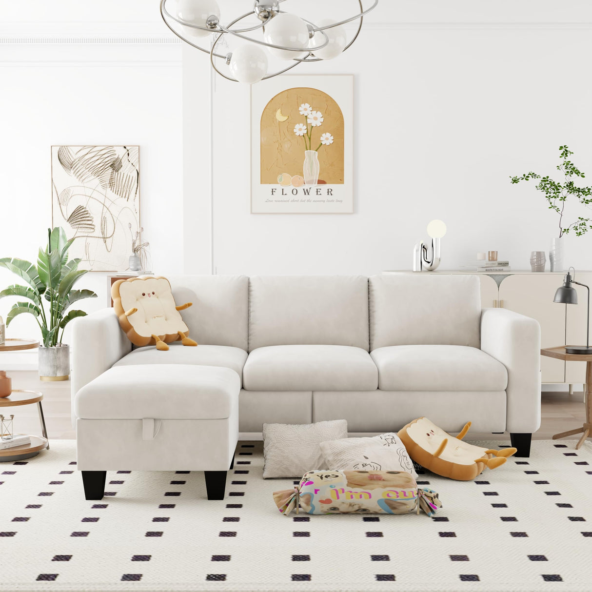 ZeeFu Convertible Sectional Sofa Couch,Classic 3 Seat L-Shaped Sofa Set with Movable Ottoman, Modern Beige Velvet Fabric Upholstered Small Sectional Sofa Couch for Small Apartment Living Room Office ZeeFu