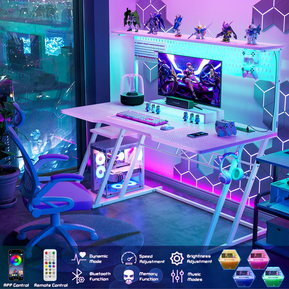 Pink Gaming Desk with Hutch and LED Lights, 55" Computer Desk with Storage Shelves, Reversible PC Gaming Desk with Pegboard, Gaming Table Gamer Desk for Bedroom, Carbon Fiber Pink armocity