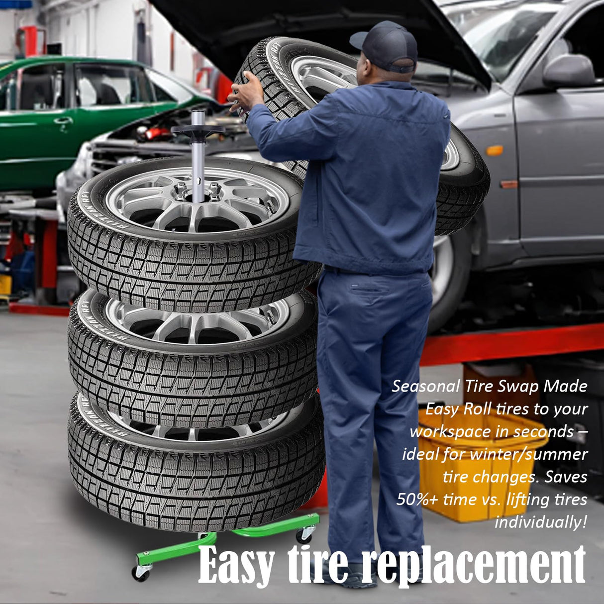 Uyapsen Green Heavy Duty Tire Storage Stand with Wheels - 275lbs Garage Organizer, Spare Tire Mount Rack for Truck & SUV w/6 Swivel Casters, Space-Saving Garage Storage System Uyapsen