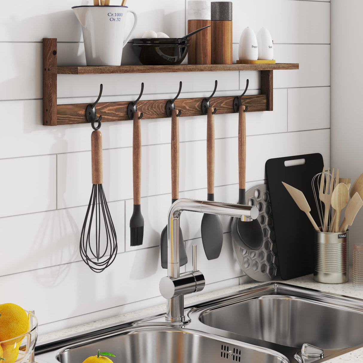 BAMEOS Wall Mounted Coat Rack with Adjustable Easy Install, Rust Proof, Brown Wooden Material, 28.9 Inch Length BAMEOS