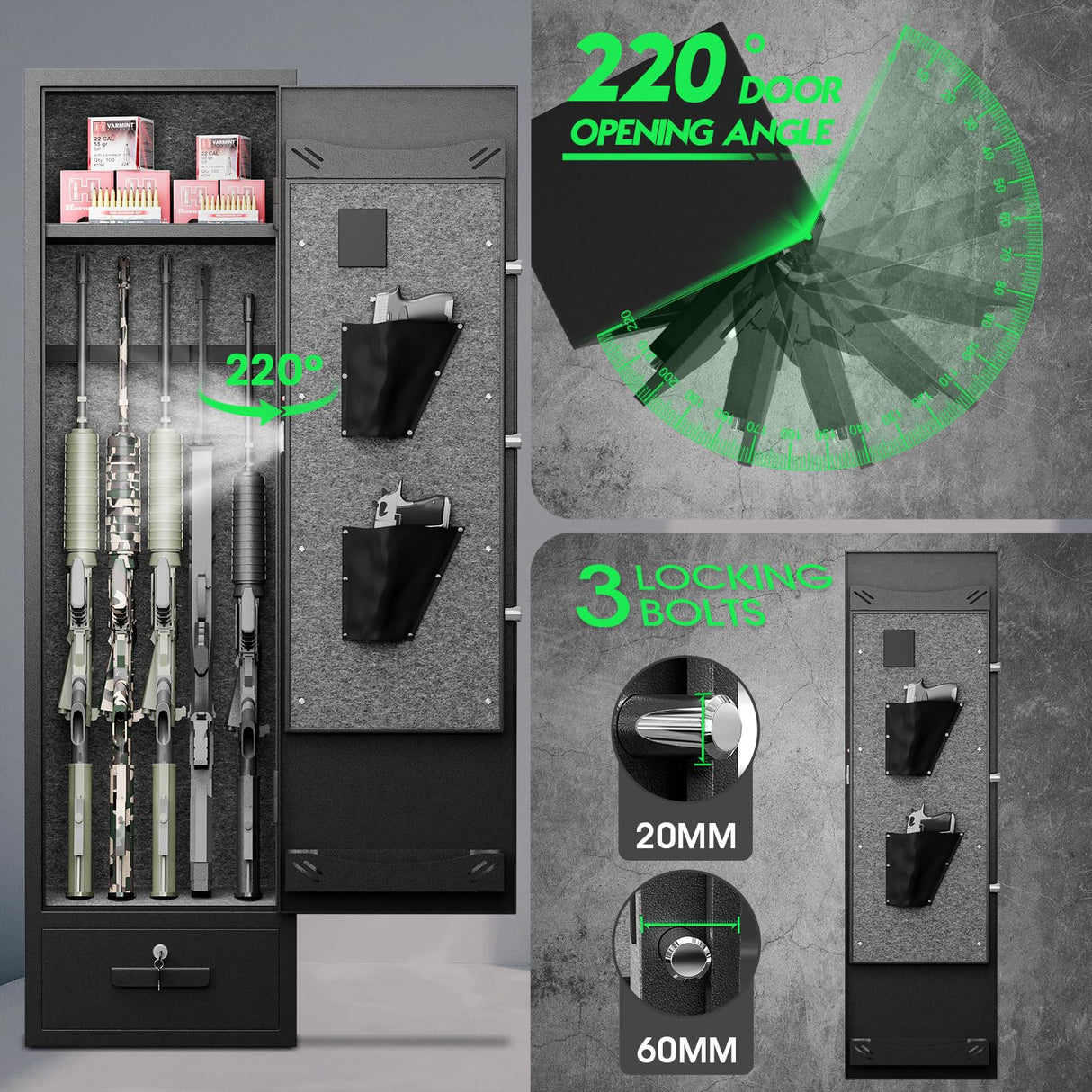 kavey 4-6 Gun Safe, Gun Safes for Home Rifles and Pistols, Rifle Safe, Quick Access Gun Cabinet for Rifles and Shotguns with Backlit Backlit Keypad, Gun Safes & Cabinets with Drawer and 3 Gun Racks kavey