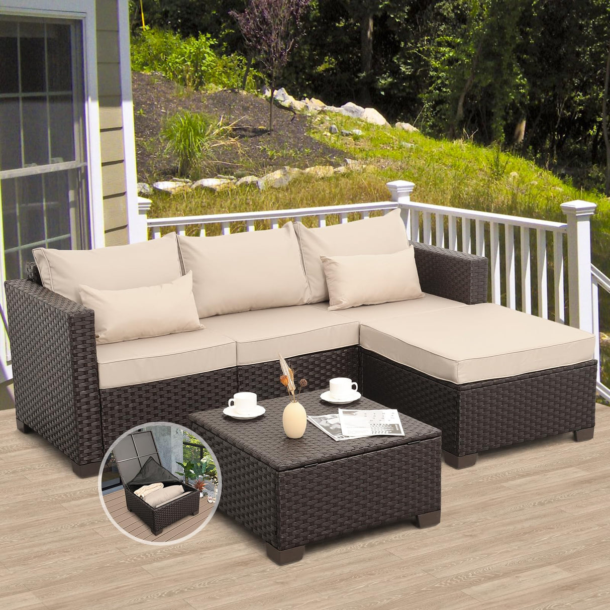 Patio Furniture Set - 3 Piece Outdoor Sectional Sofa Set with Wicker Couch, Ottoman, Coffee Table & Storage - All-Weather, Anti-Slip Cushions & Waterproof Covers, Khaki Rattan Star