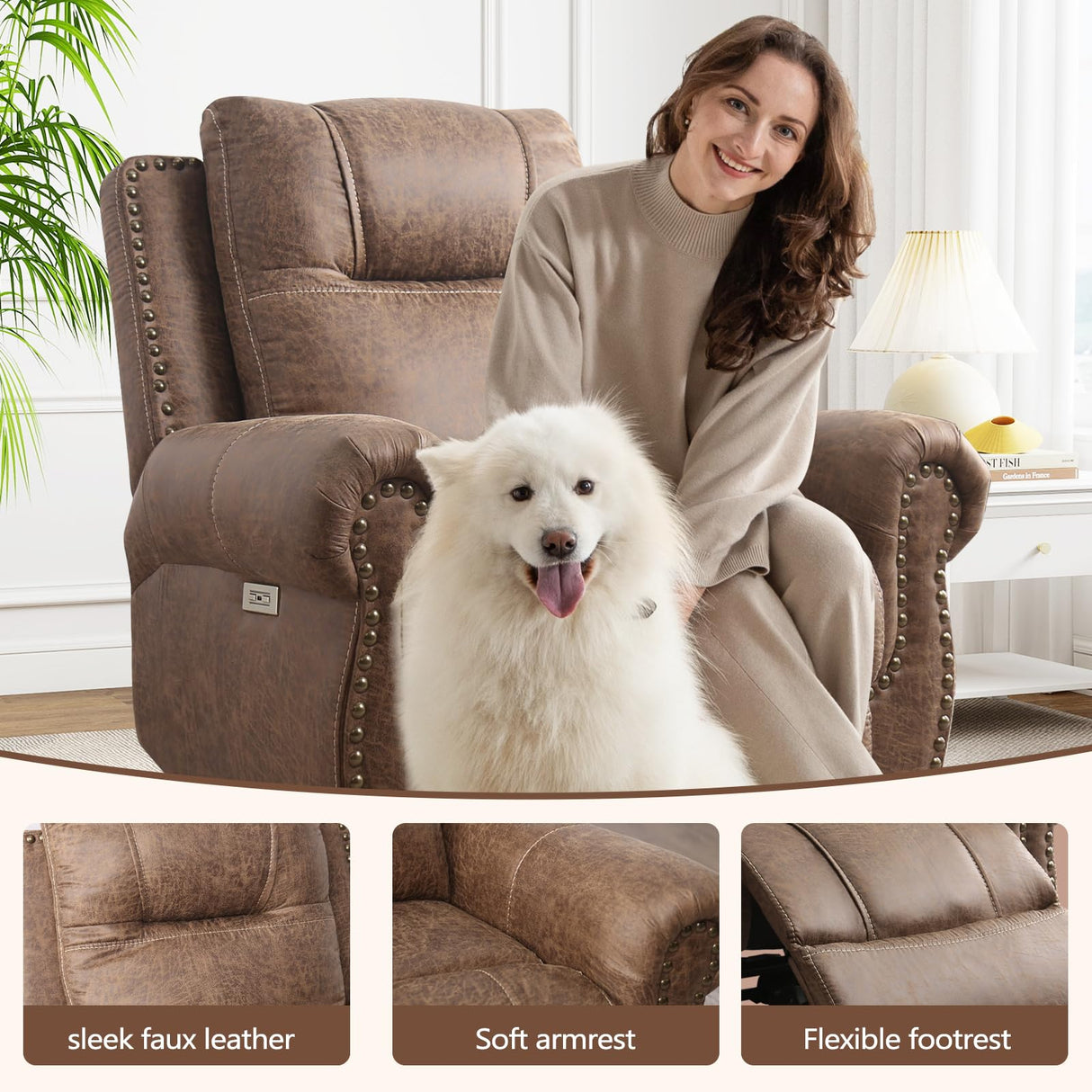 ANJ Electric Power Recliner Chair with USB Ports, Breathable Faux Leather Oversized Recliner with Comfortable Arms, Back and Headrest, Single Sofa for Living Room, Nut Brown ANJ