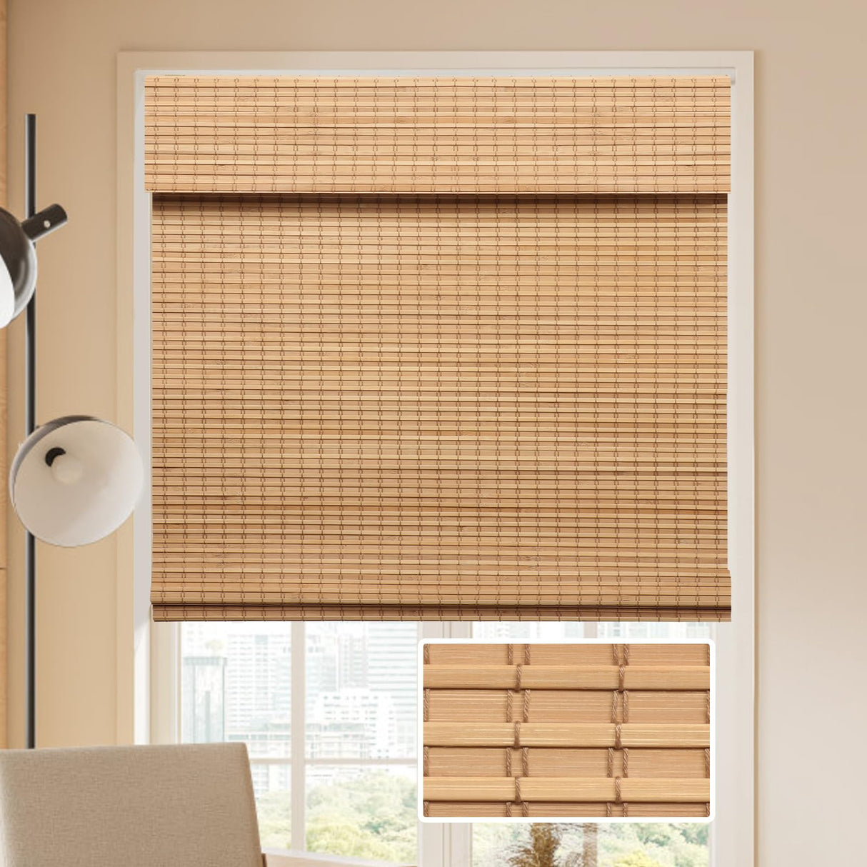 LUCKUP Cordless Bamboo Roman Blinds Shades for Indoor Windows-Blackout Room Darkening Roman Blinds with 6" Valance Cover Enhanced Privacy, 32" W x 64" H LUCKUP