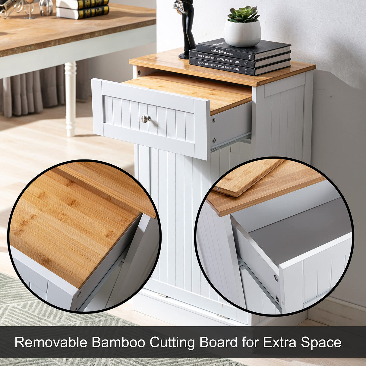 Trash Cabinet Tilt Out Freestanding, Pet Proof Kitchen Trash Cabinet Laundry Hamper with Cutting Board, Wood Garbage Recycling Station Hideaway Trash Holder Drawers (1, White) Gitua