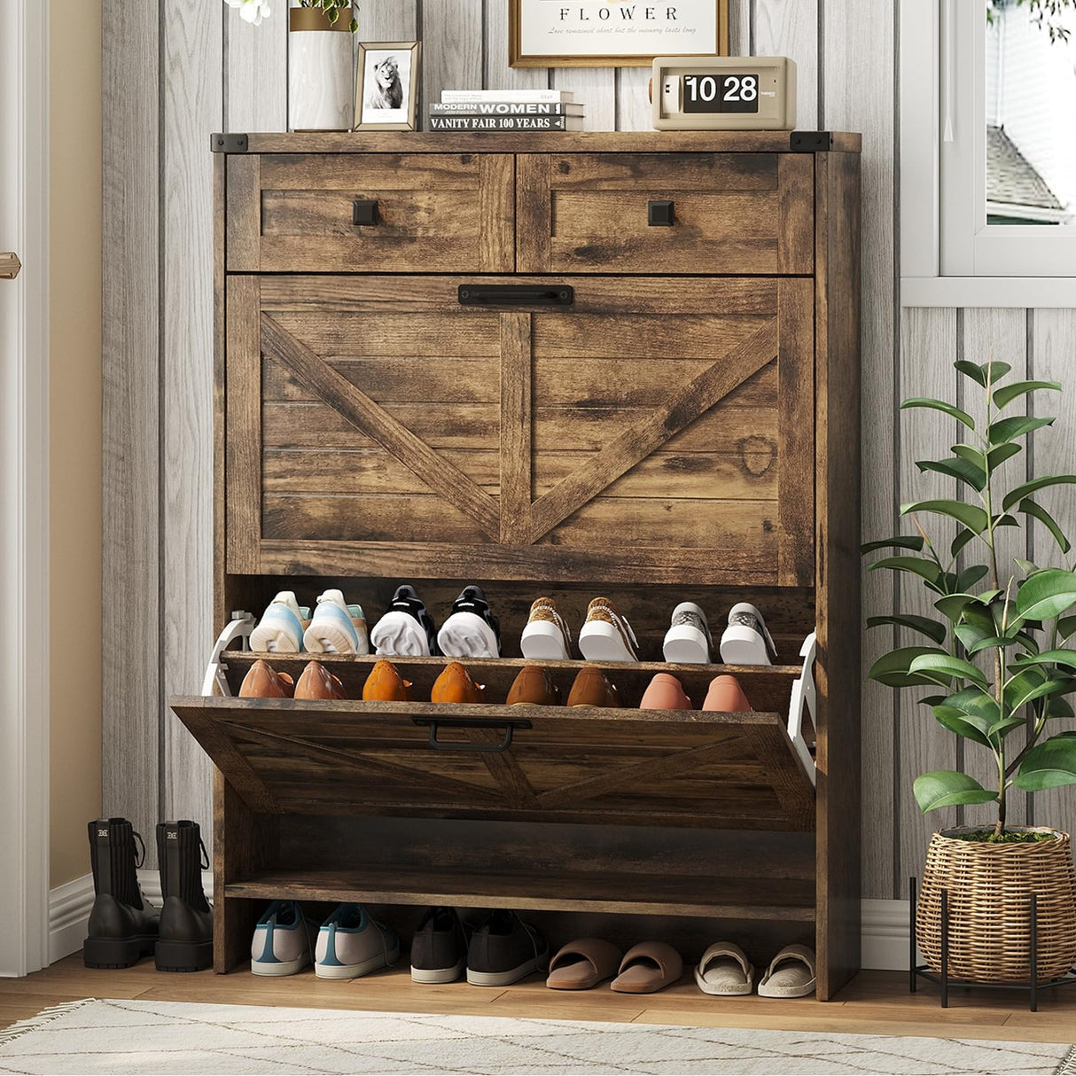 Halitaa Shoe Cabinet with 2 Flip Drawers & 2 Drawers,Farmhouse Shoe Storage Cabinet for Entryway,Slim Freestanding Narrow Organizer Rack for Front Door Entrance,Rustic Brown Halitaa