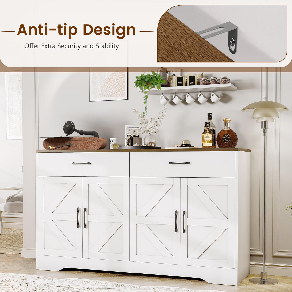 55" Sideboard Buffet Cabinet with Storage, Large Kitchen Storage Sideboard with Drawers & Doors, Modern Wood Farmhouse Coffee Bar Cabinet, Buffet Table for Kitchen, Dining Room, Living Room, White GRUSIGN