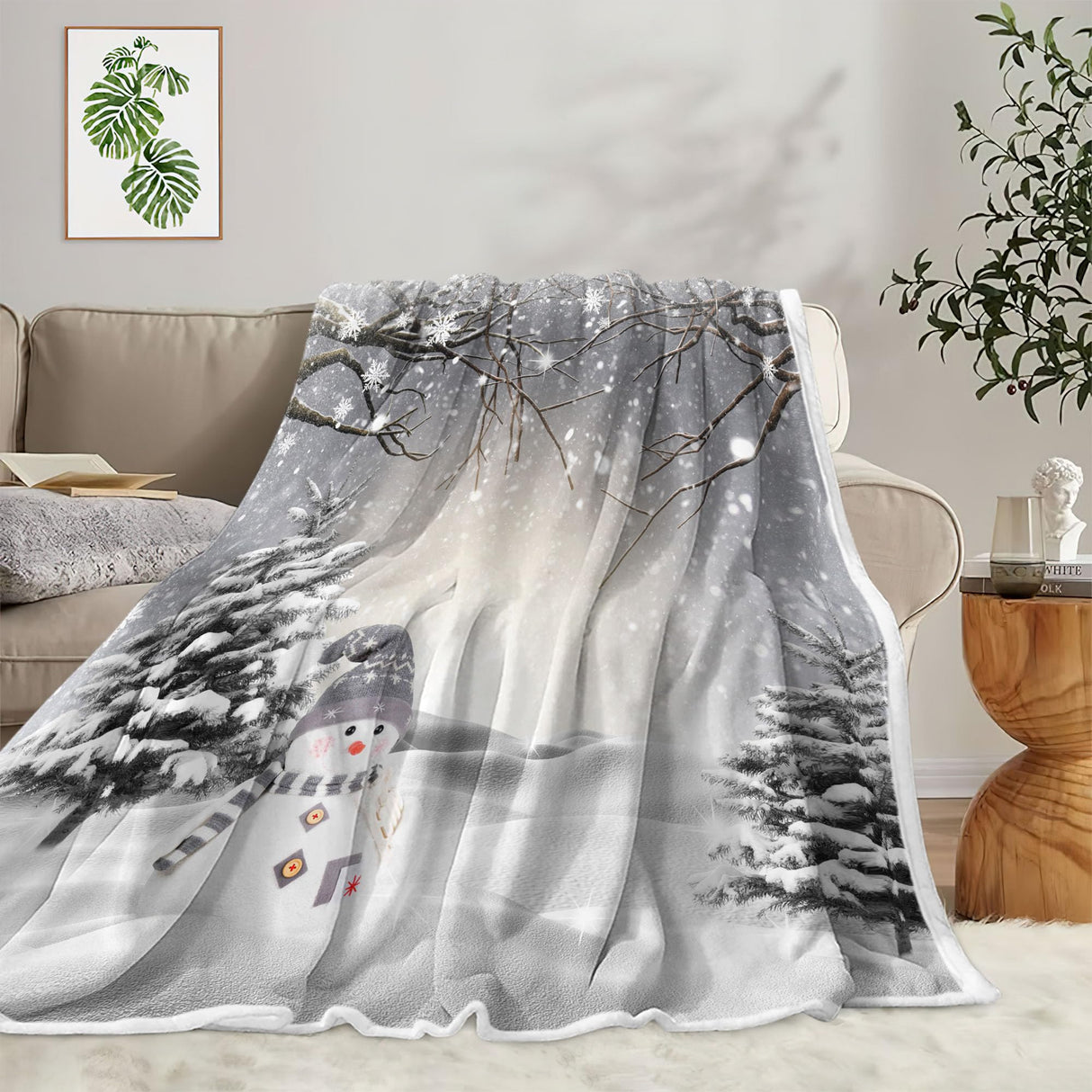 Christmas Throw Blanket, Winter Snowman Snowflake Christmas Fleece Blanket, Xmas Trees Soft Plush Warm Cabin Throw for Couch Sofa Bed Decor 50" x 60" JAWO