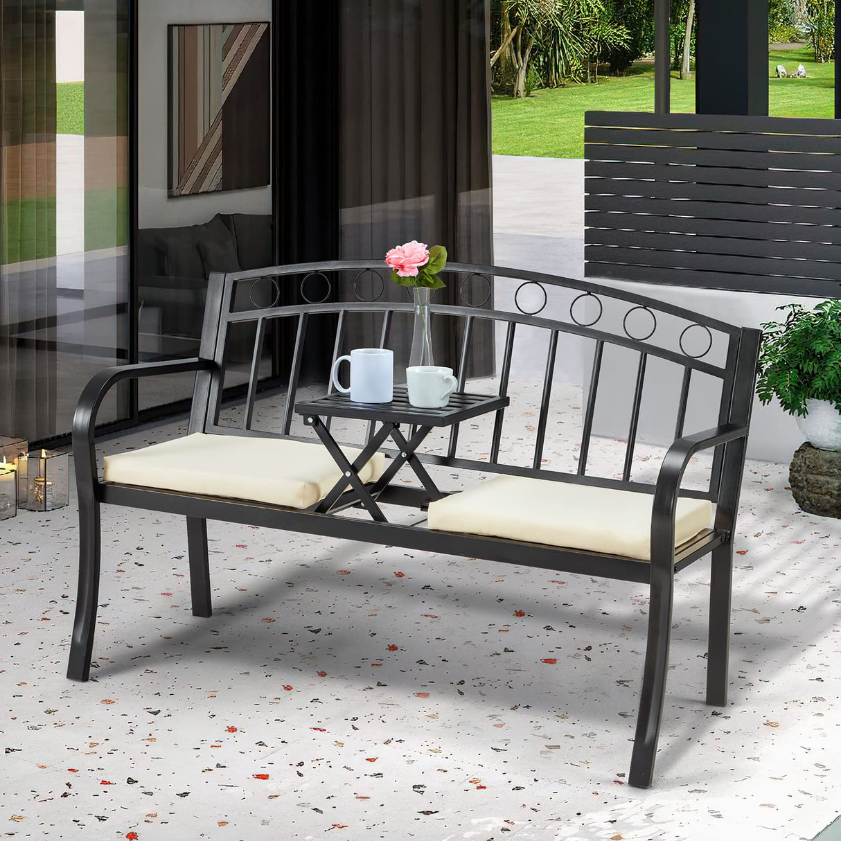 AVAWING Outdoor Metal Garden Bench, 2-Seat Patio Porch Bench with Steel Frame, Park Bench w/Pullout Middle Table& Cushion for Backyard Lawn Deck Entryway, Black AVAWING