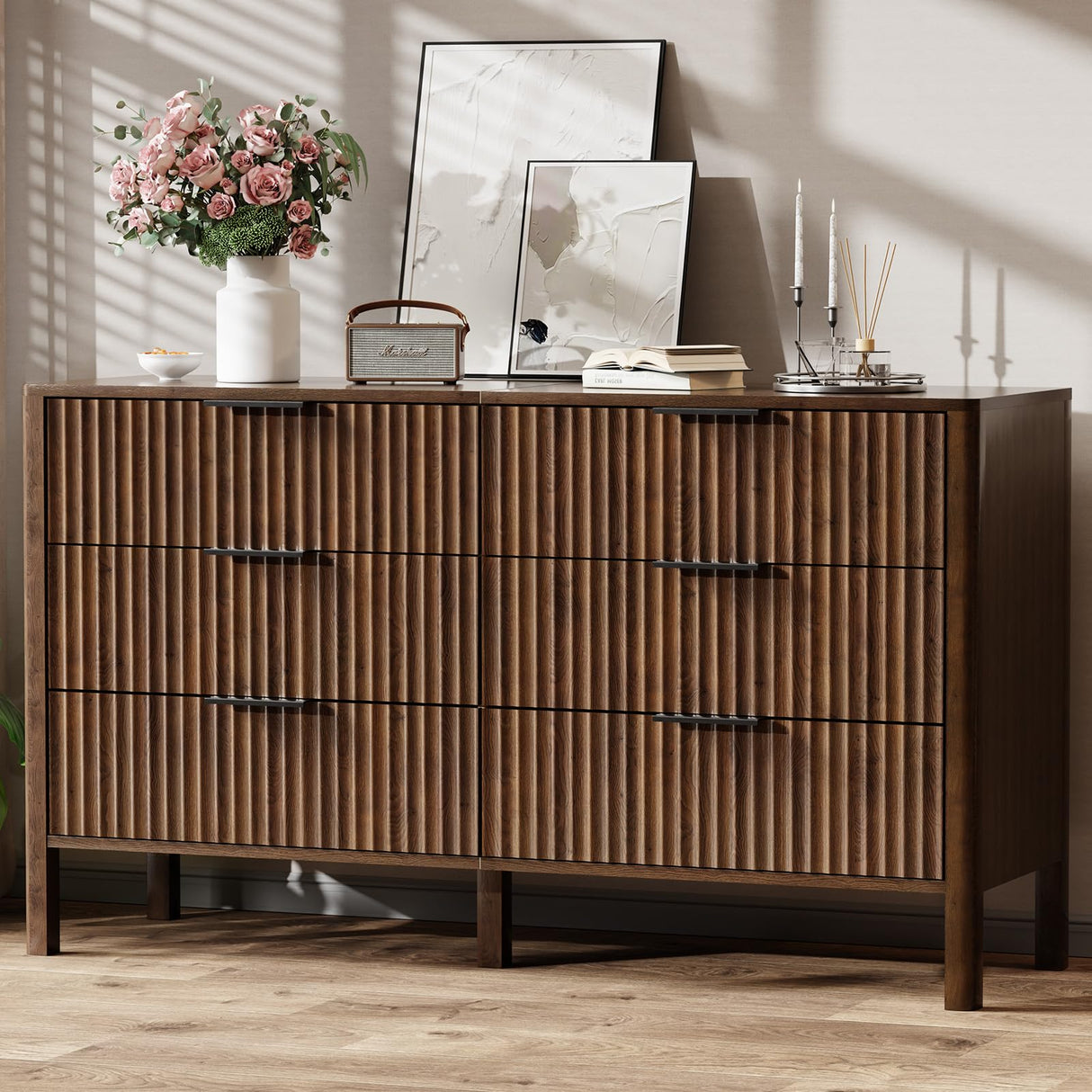 55" Wide Fluted 6 Drawer Dresser for Bedroom, Wooden Dresser Modern Chest of Drawers TV Stand Dressers with Organizer Storage for Bedroom, Living Room, Entryway, Hallway, Walnut MODNEST