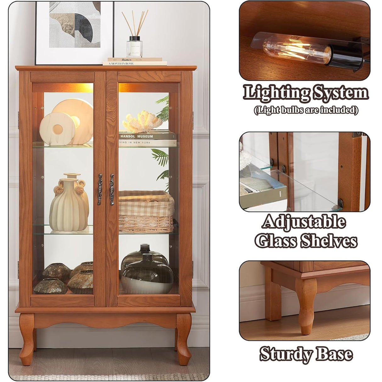 nifoti 43" H Lighted Curio Cabinet Display Case with Light Bulb, Glass Curio Cabinet with Adjustable Shelves & Tempered Glass Door, Wooden Cabinets w/Mirrored Back Pane for Living Room(Oak) nifoti