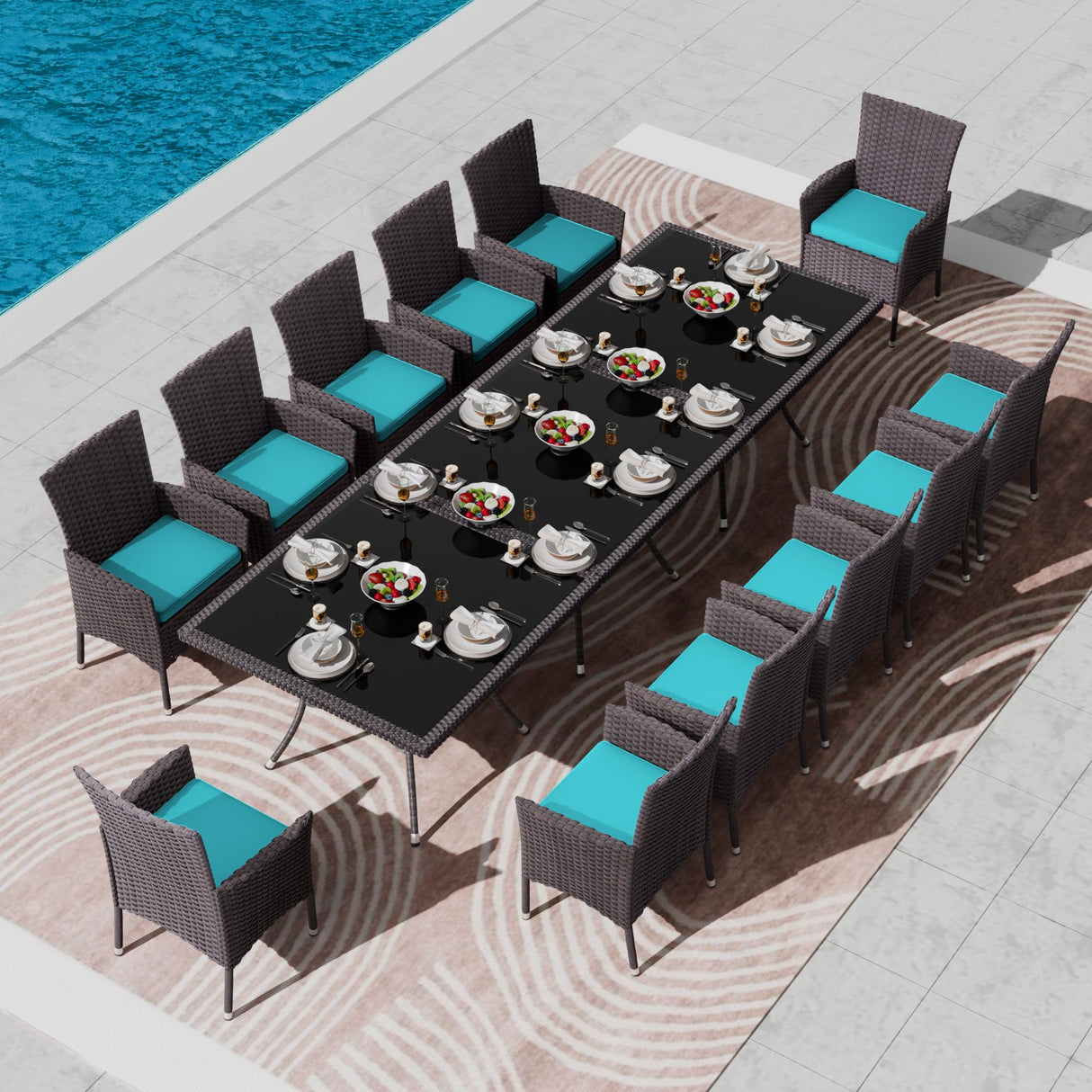 Kullavik 15-Piece Outdoor Dining Set Patio Rattan Furniture Set,Patio Dining Table and Chairs Set with 12 Chairs and Cushions,Square Glass Tabletop with Umbrella Hole for Patio,Backyard,Garden,Blue Kullavik