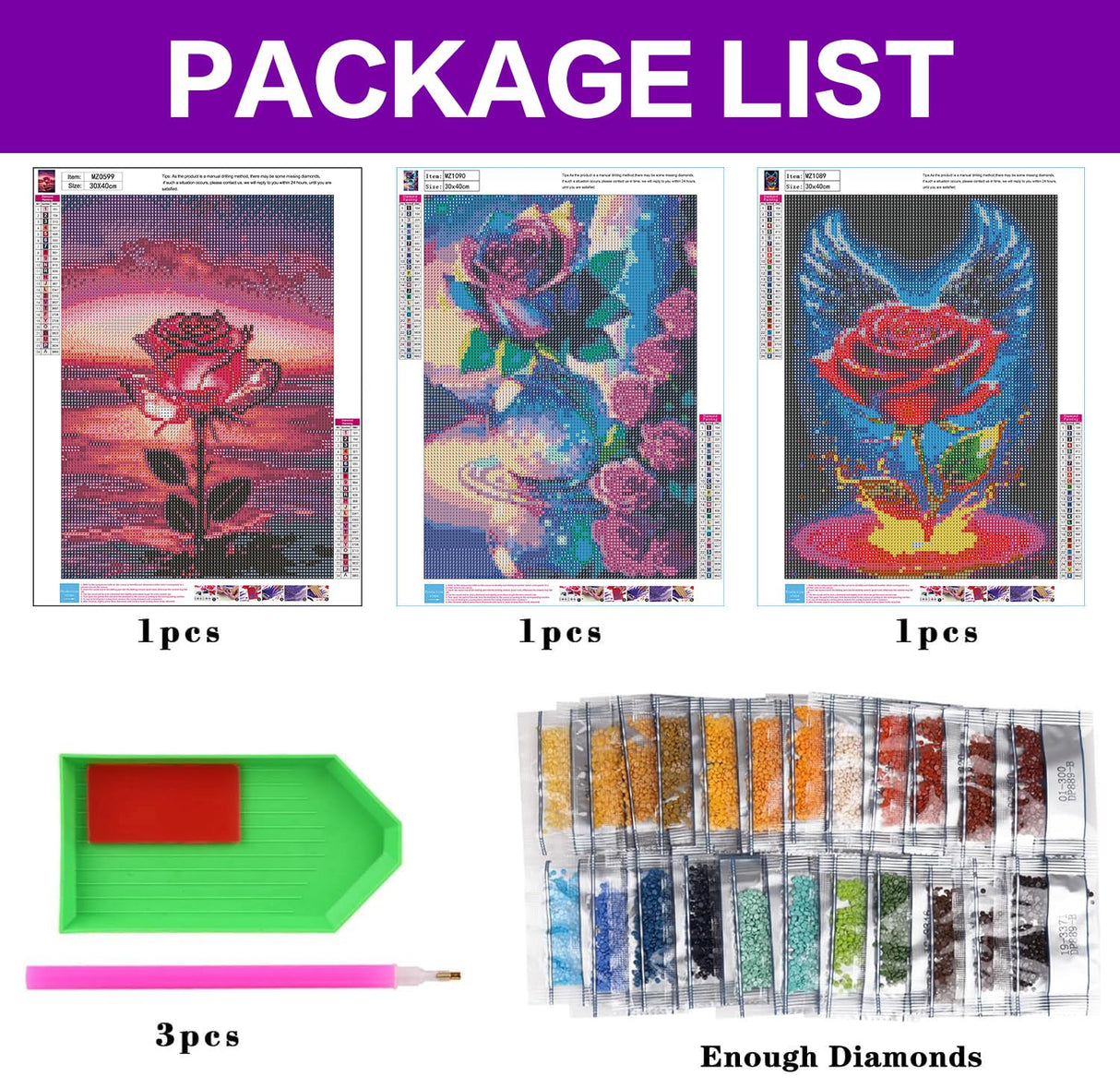 Diamond Art Kits for Adults, 3 Packs Rose Blossom Diamond Art Painting Kits for Beginners, 5D DIY Full Drill Gem Craft for Adult Gifts, Home Wall Decor 12" x 16" croshom