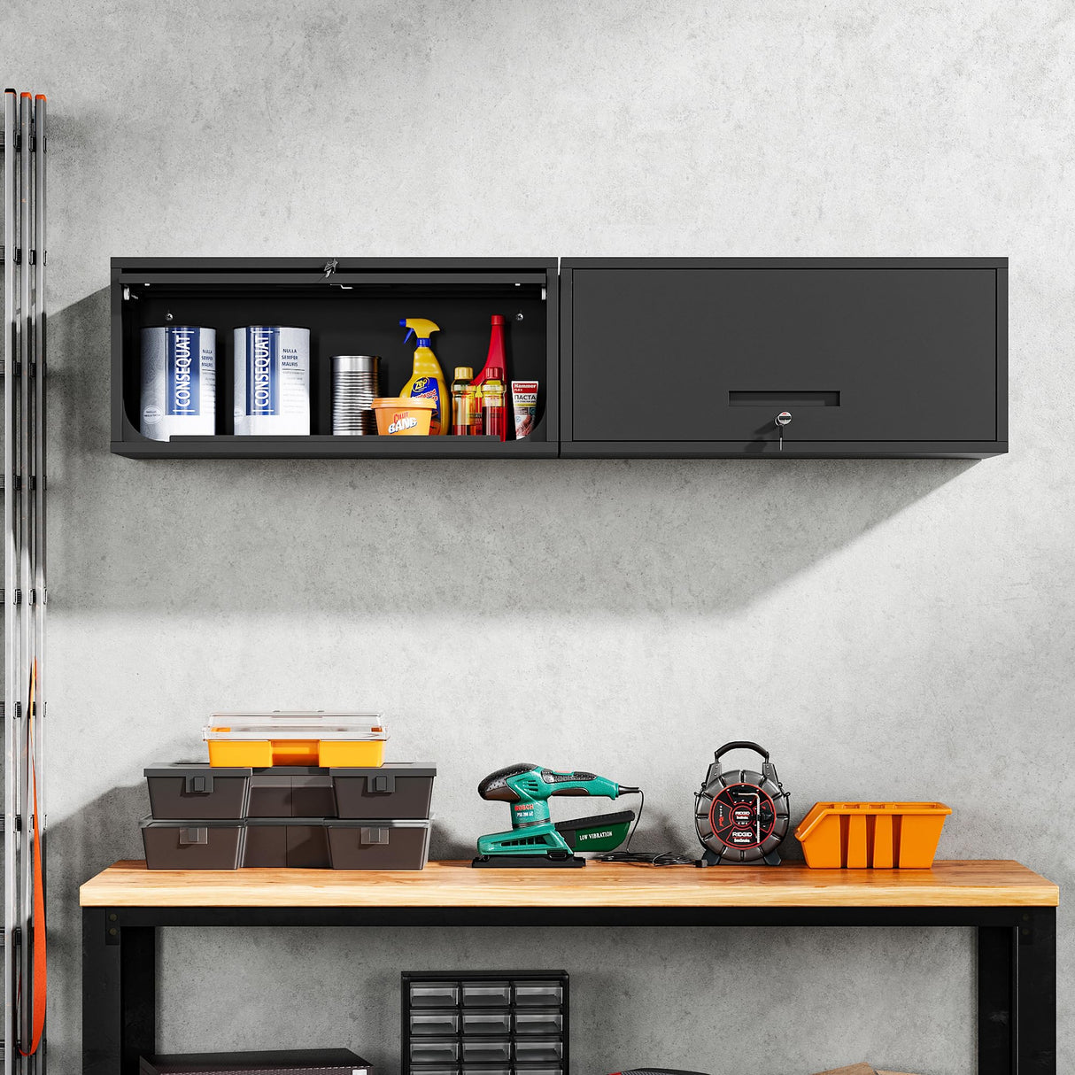 Yizosh Metal Garage Cabinet with Doors, Wall Mounted Storage Cabinet, Floating Tool Cabinet for Basement, Kitchen, Warehouse (Black, 13.7" H) Yizosh