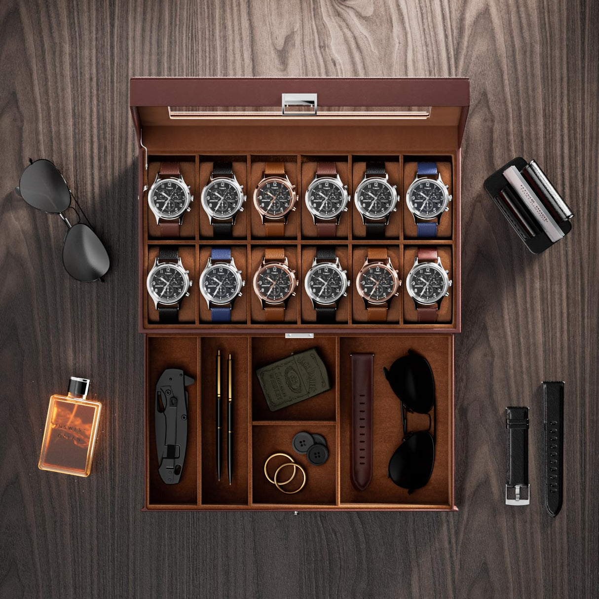 ProCase Watch Box for Men, 12 Slot Mens Watch Case With Drawer, Watch Display Case With Glass Lid, 2-Layer Watch Holder Organizer, Jewelry and Watch Storage for Men Women -12Slot, Espresso ProCase