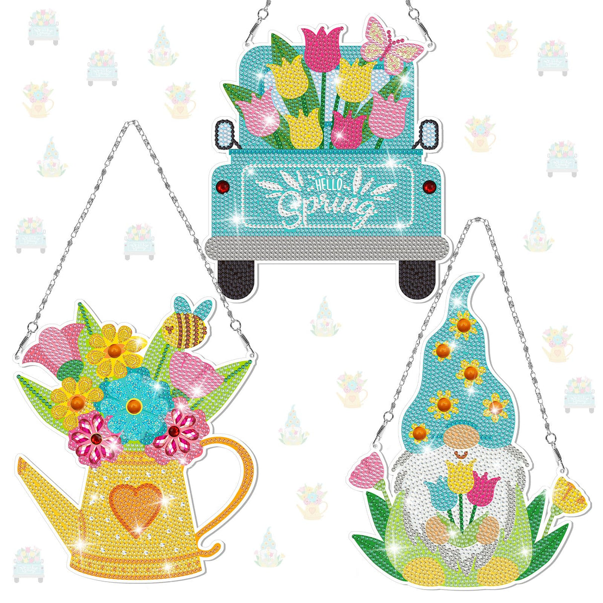 Menkxi 3 Pcs Spring Diamond Painting Kits Hanging Gnome Truck Shower Head DIY Round Diamond Art Kits Gnome Diamond Painting Kits Spring Ornaments Hanging Sign for Adults Beginners DIY Home Wall Menkxi