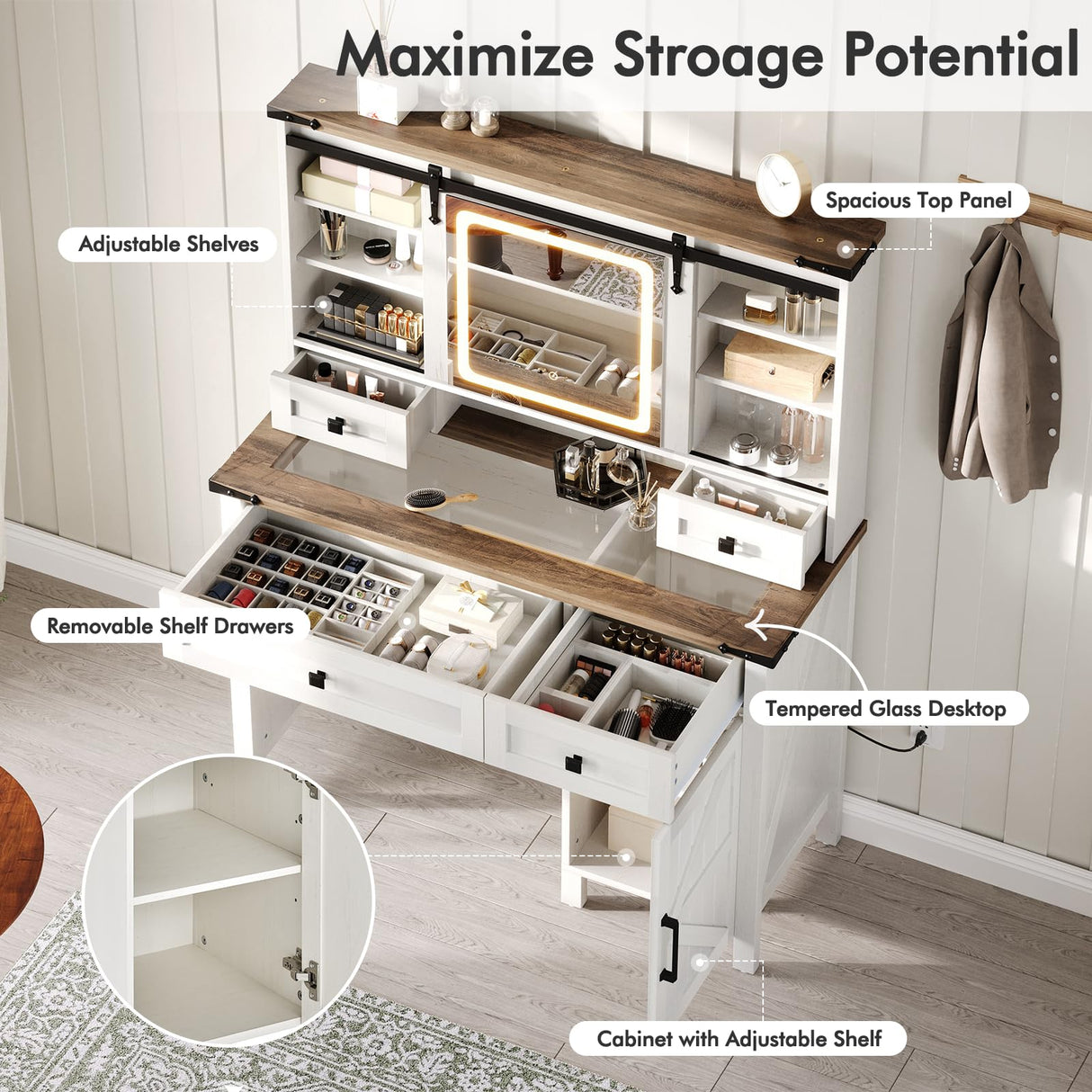 Albott Farmhouse Makeup Vanity Desk with Sliding Mirror and Lights, Makeup Vanity Table with 4 Storage Drawers and Adjustable Shelves, Dressing Table with Glass Top, Big Vanity Set for Bedroom, White Albott