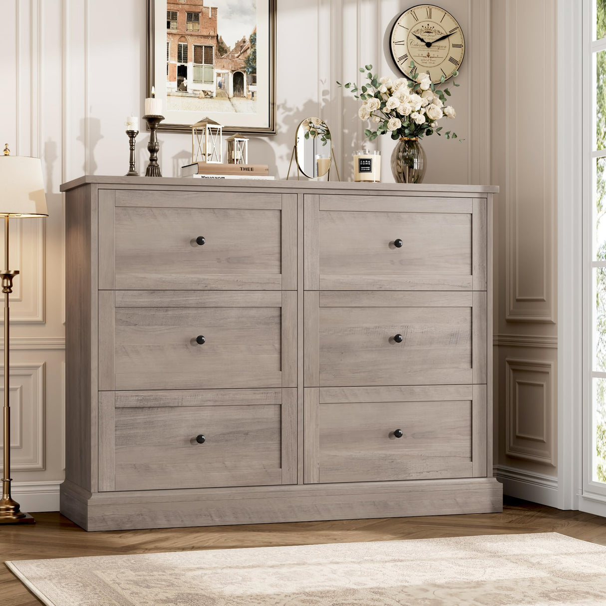 FOTOSOK 6 Drawer Dresser, Modern Dresser Double Dresser 6 Drawer Chest with Deep Drawers, Wide Storage Organizer Drawer Cabinet for Living Room Home, Ash Grey FOTOSOK
